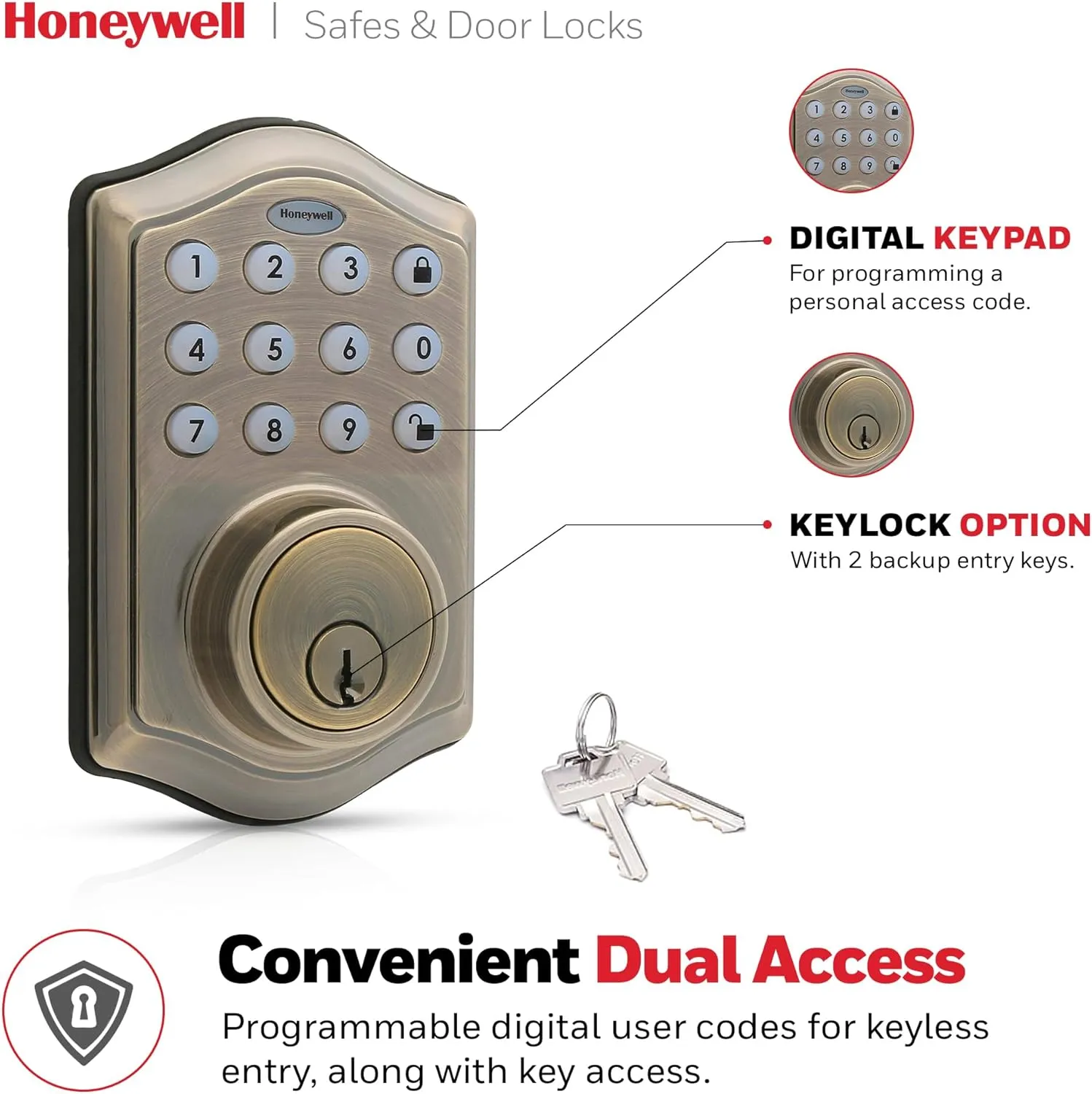 Honeywell Safes & Door Locks - Keyless Entry Door Lock with Smart Electronic Keypad Deadbolt - Easy Installation & 50 Different User Pin Codes - Auto Lock - Antique Brass - 2.9 x 2 x 6.2 in - 8712109
