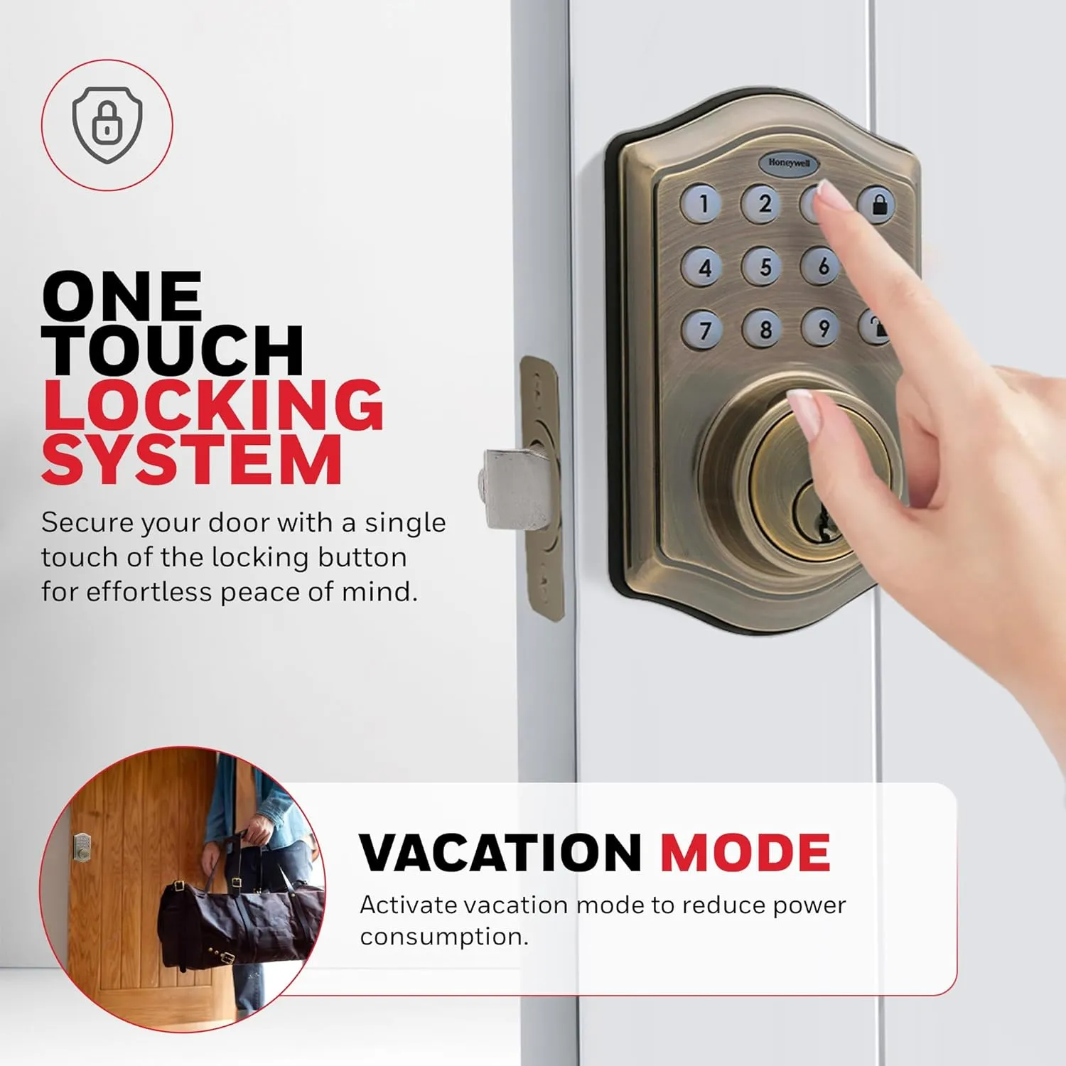 Honeywell Safes & Door Locks - Keyless Entry Door Lock with Smart Electronic Keypad Deadbolt - Easy Installation & 50 Different User Pin Codes - Auto Lock - Antique Brass - 2.9 x 2 x 6.2 in - 8712109