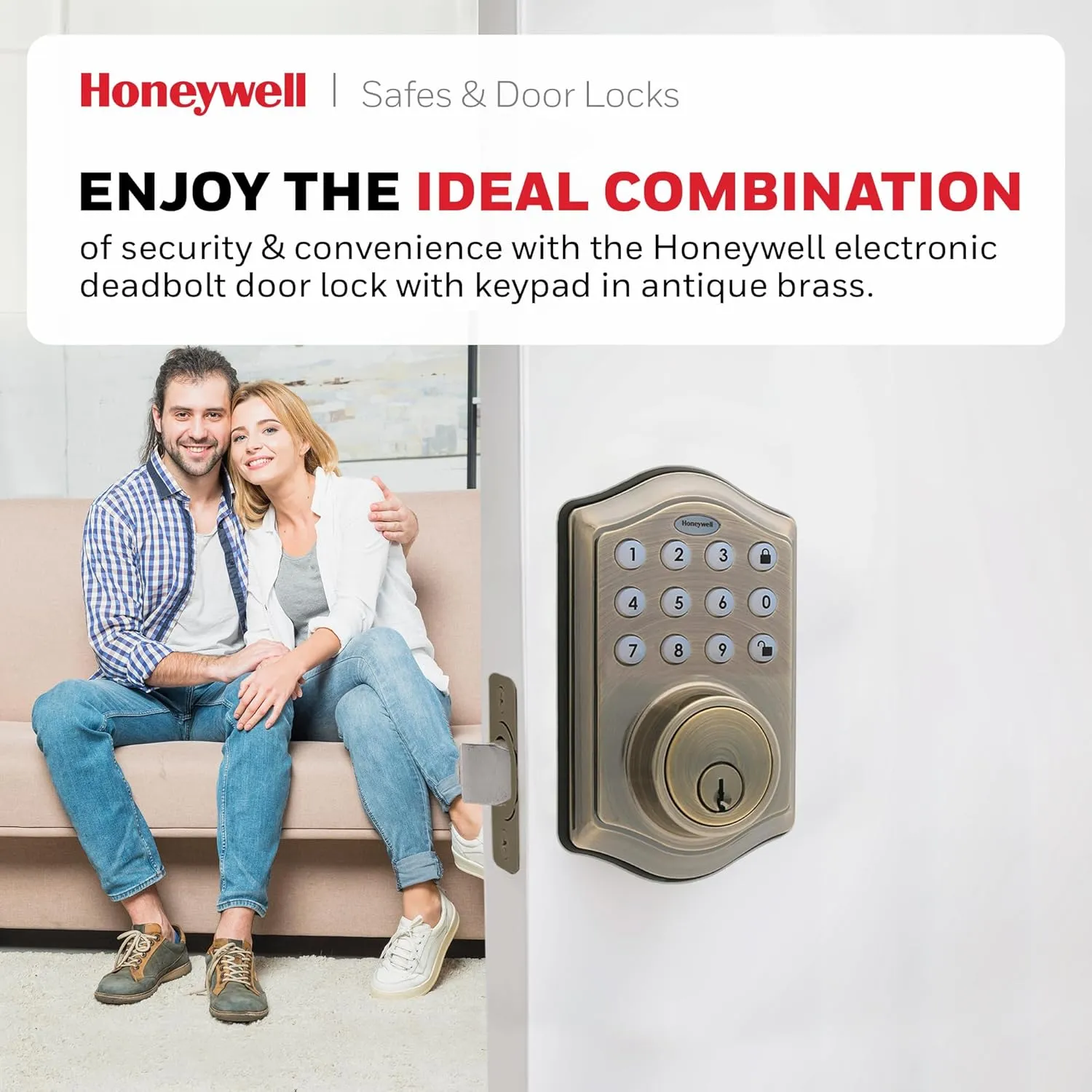 Honeywell Safes & Door Locks - Keyless Entry Door Lock with Smart Electronic Keypad Deadbolt - Easy Installation & 50 Different User Pin Codes - Auto Lock - Antique Brass - 2.9 x 2 x 6.2 in - 8712109
