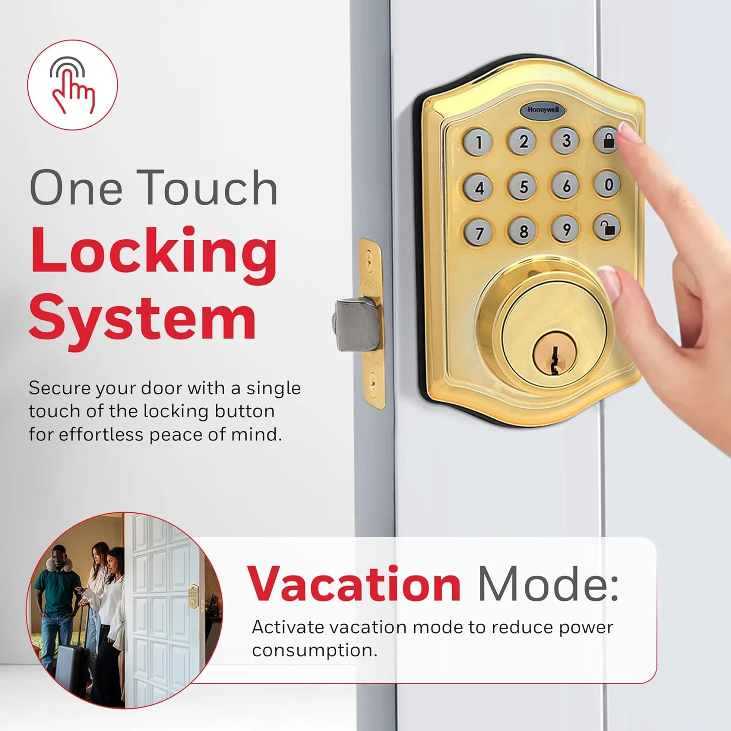 Honeywell Safes & Door Locks - Keyless Entry Door Lock with Smart Electronic Keypad Deadbolt - Easy Installation & 50 Different User Pin Codes - Auto Lock - Polished Brass - 2.9 x 2 x 6.2 in - 8712009