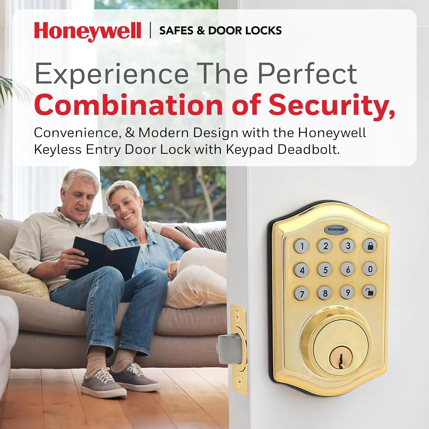 Honeywell Safes & Door Locks - Keyless Entry Door Lock with Smart Electronic Keypad Deadbolt - Easy Installation & 50 Different User Pin Codes - Auto Lock - Polished Brass - 2.9 x 2 x 6.2 in - 8712009