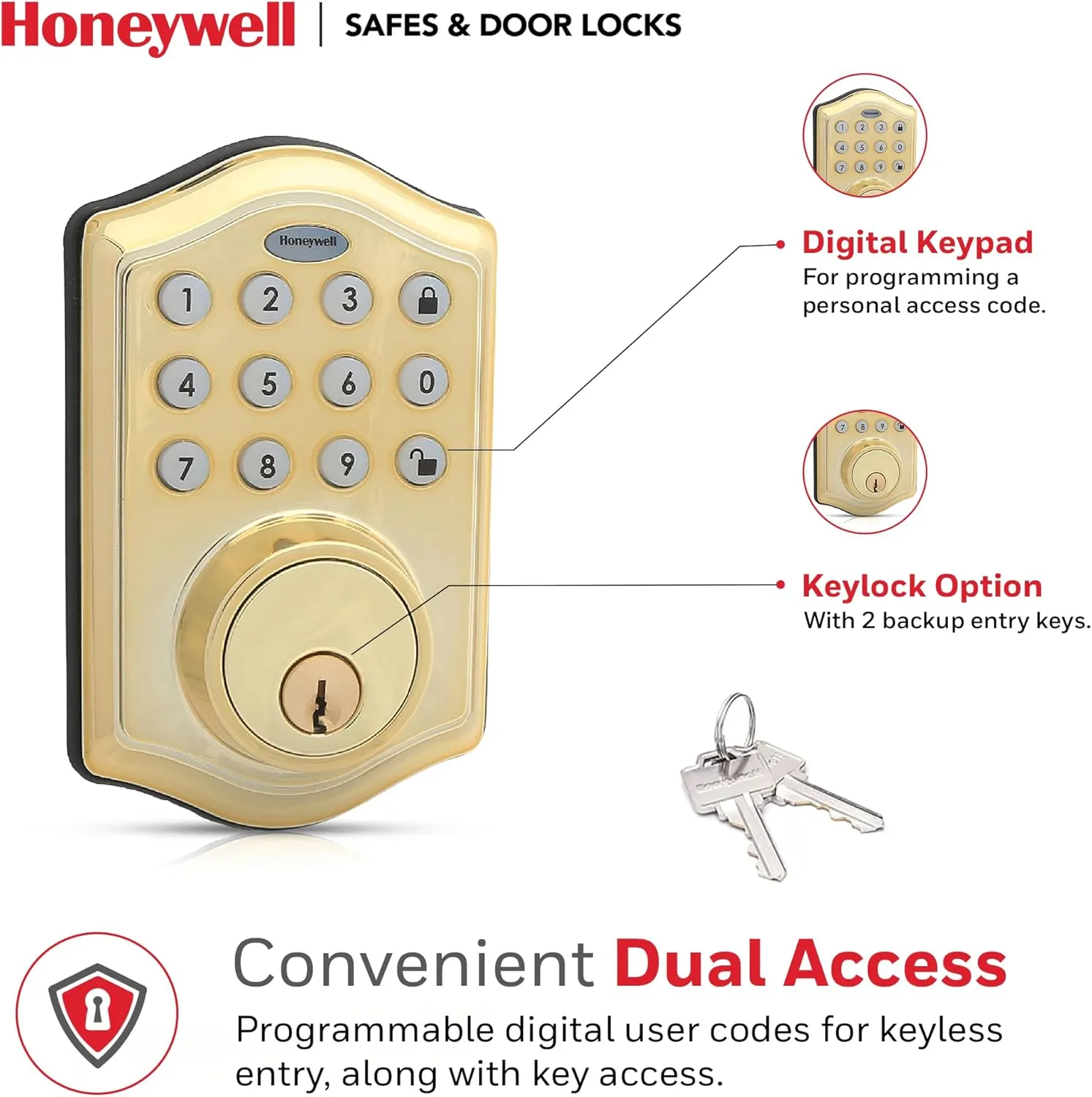 Honeywell Safes & Door Locks - Keyless Entry Door Lock with Smart Electronic Keypad Deadbolt - Easy Installation & 50 Different User Pin Codes - Auto Lock - Polished Brass - 2.9 x 2 x 6.2 in - 8712009