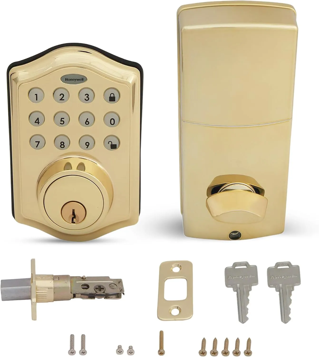Honeywell Safes & Door Locks - Keyless Entry Door Lock with Smart Electronic Keypad Deadbolt - Easy Installation & 50 Different User Pin Codes - Auto Lock - Polished Brass - 2.9 x 2 x 6.2 in - 8712009