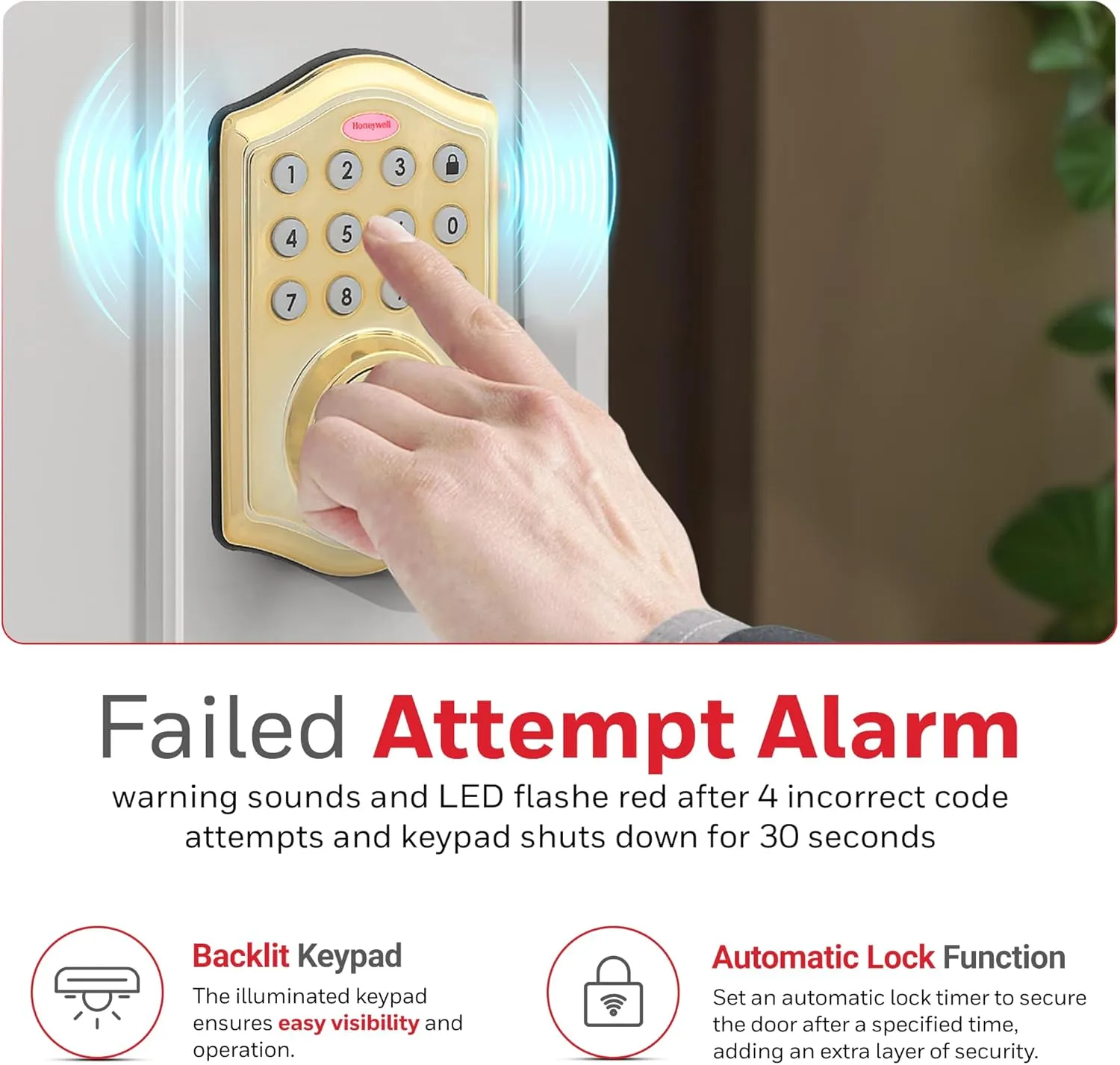 Honeywell Safes & Door Locks - Keyless Entry Door Lock with Smart Electronic Keypad Deadbolt - Easy Installation & 50 Different User Pin Codes - Auto Lock - Polished Brass - 2.9 x 2 x 6.2 in - 8712009