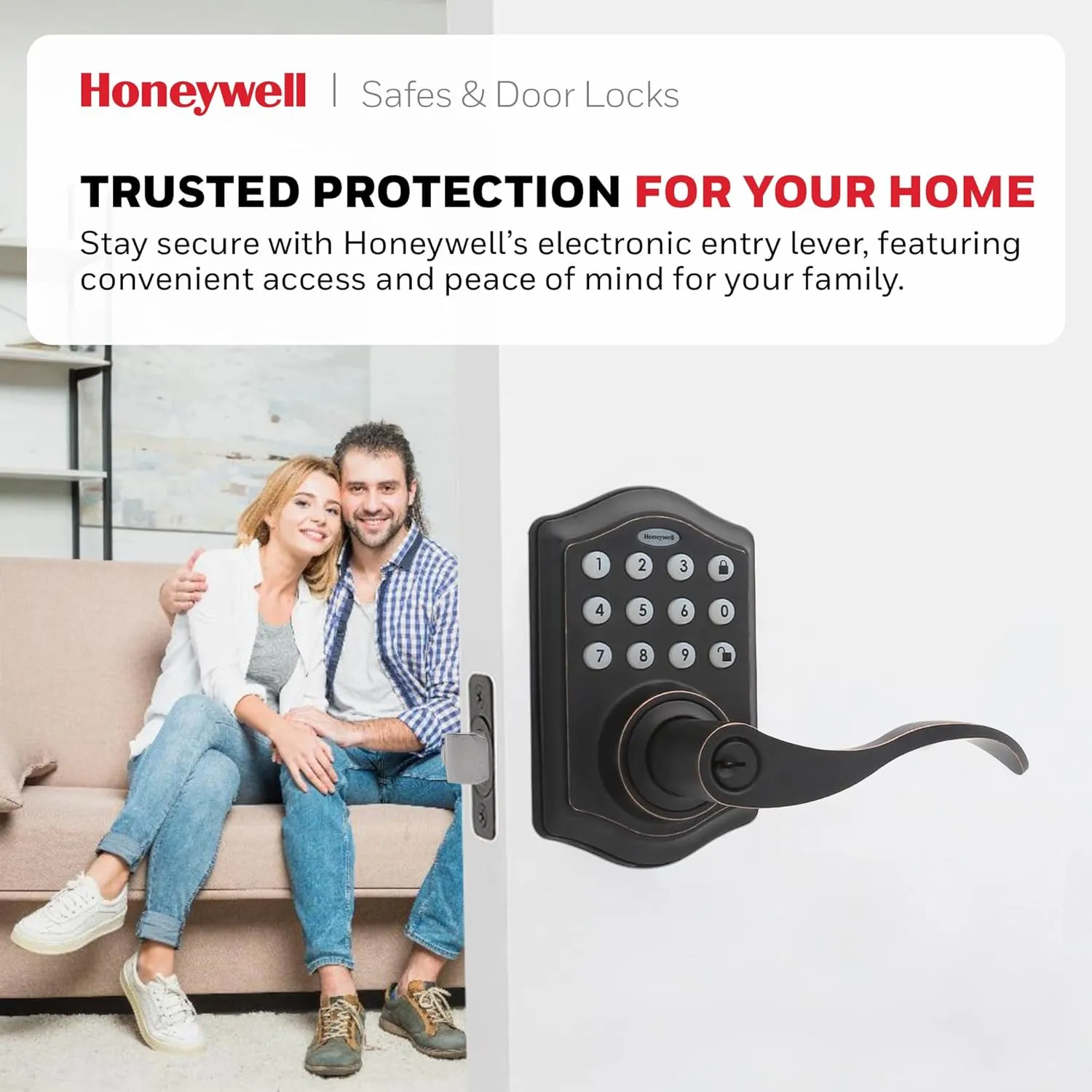 Honeywell Safes & Door Locks - Keyless Entry Lever Door Lock Handle with Electronic Keypad - Easy to Install Front Door Lock with 50 User Pin Codes - Oil Rubed Bronze, 6.5 x 8.8 x 9 in - 8734401