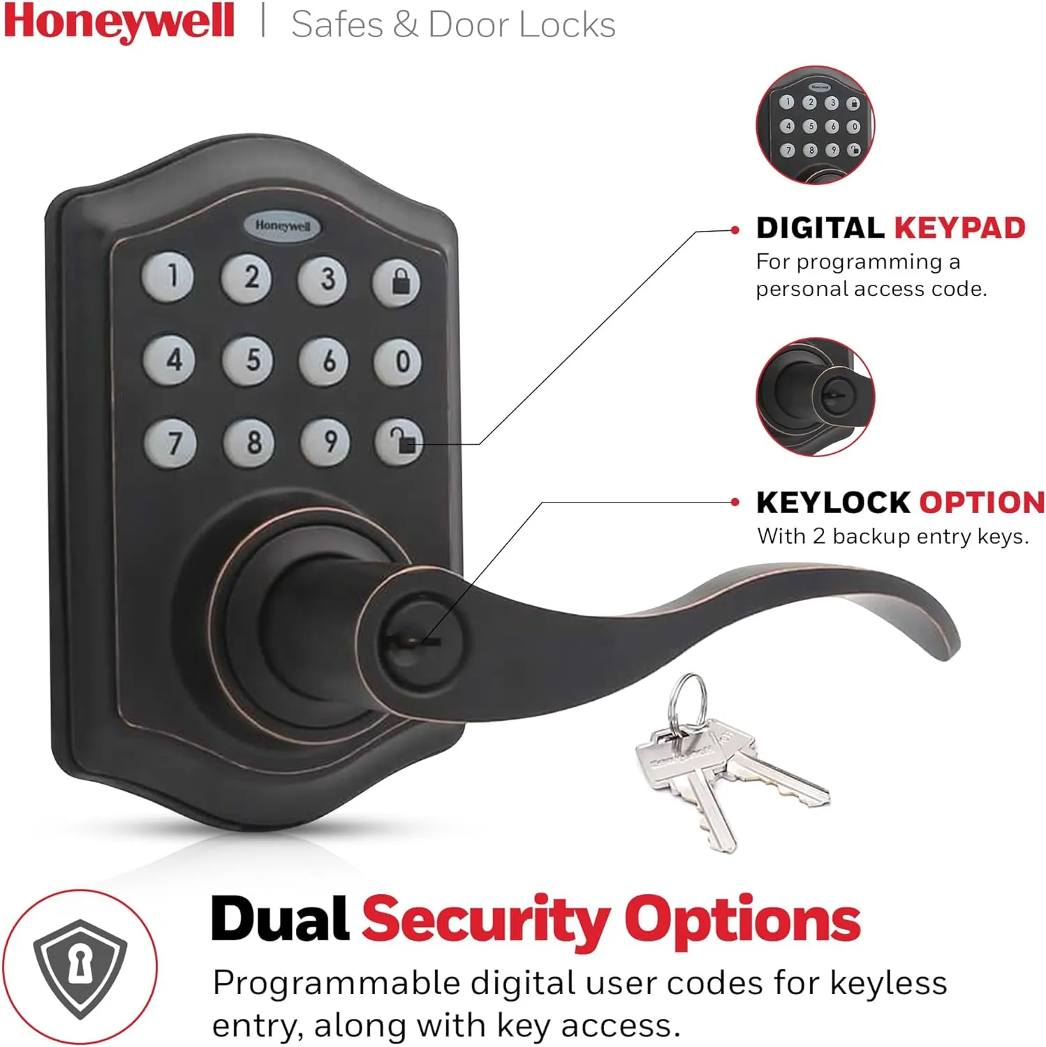 Honeywell Safes & Door Locks - Keyless Entry Lever Door Lock Handle with Electronic Keypad - Easy to Install Front Door Lock with 50 User Pin Codes - Oil Rubed Bronze, 6.5 x 8.8 x 9 in - 8734401