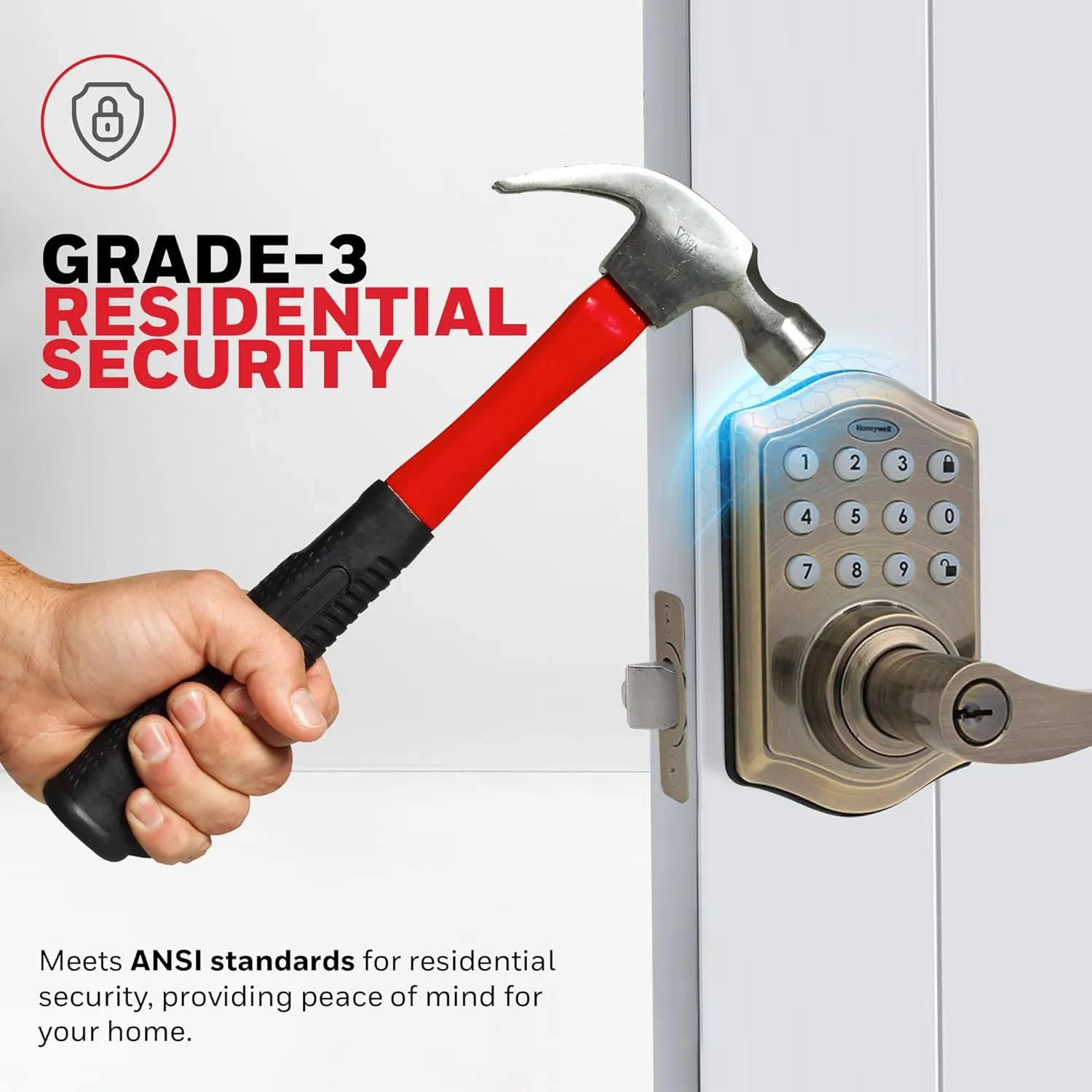 Honeywell Safes & Door Locks - Keyless Entry Lever Door Lock Handle with Electronic Keypad - Easy to Install Front Door Lock with Code - 50 User Pin Codes - Antique Brass - 6.5 x 8.8 x 9 in - 8734101