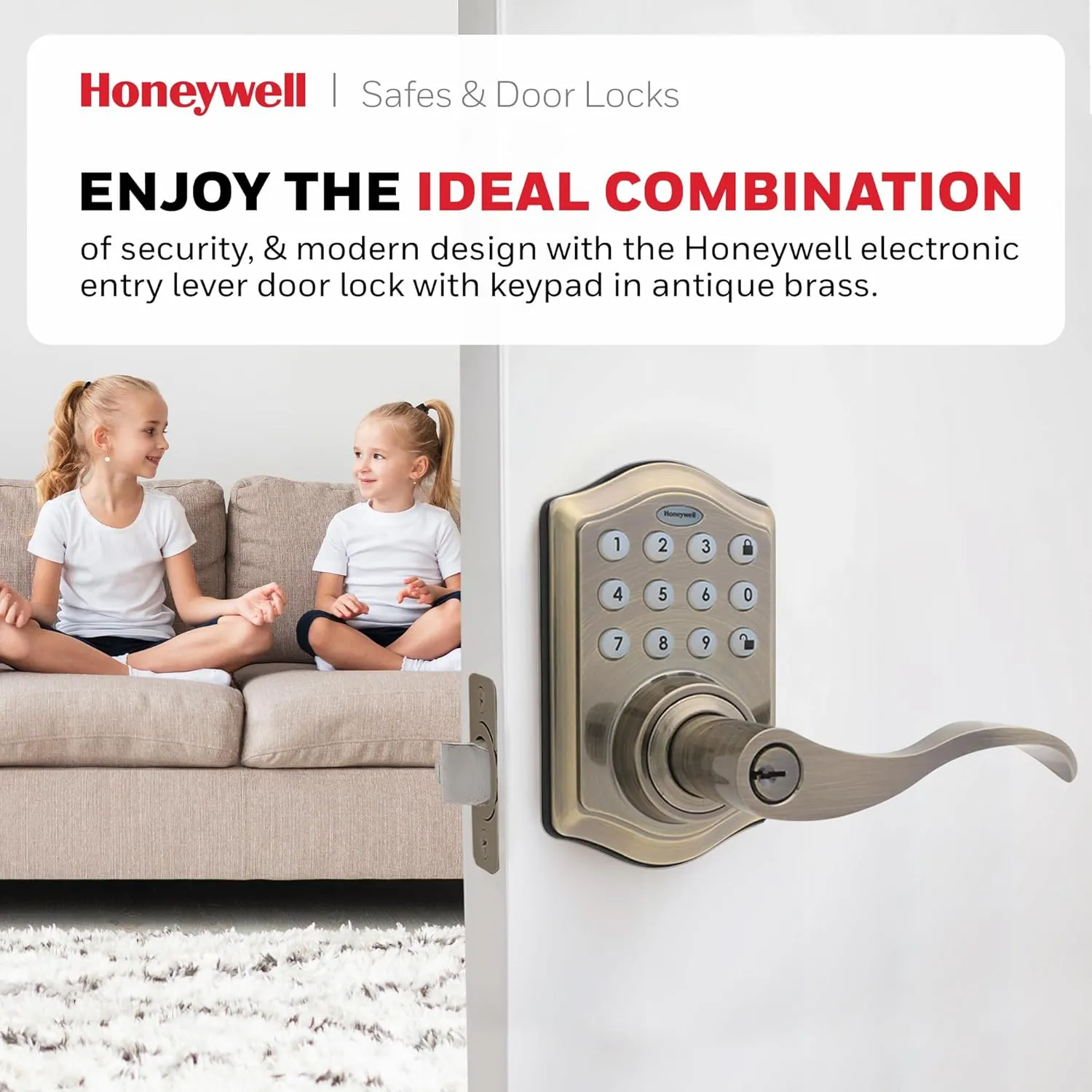 Honeywell Safes & Door Locks - Keyless Entry Lever Door Lock Handle with Electronic Keypad - Easy to Install Front Door Lock with Code - 50 User Pin Codes - Antique Brass - 6.5 x 8.8 x 9 in - 8734101