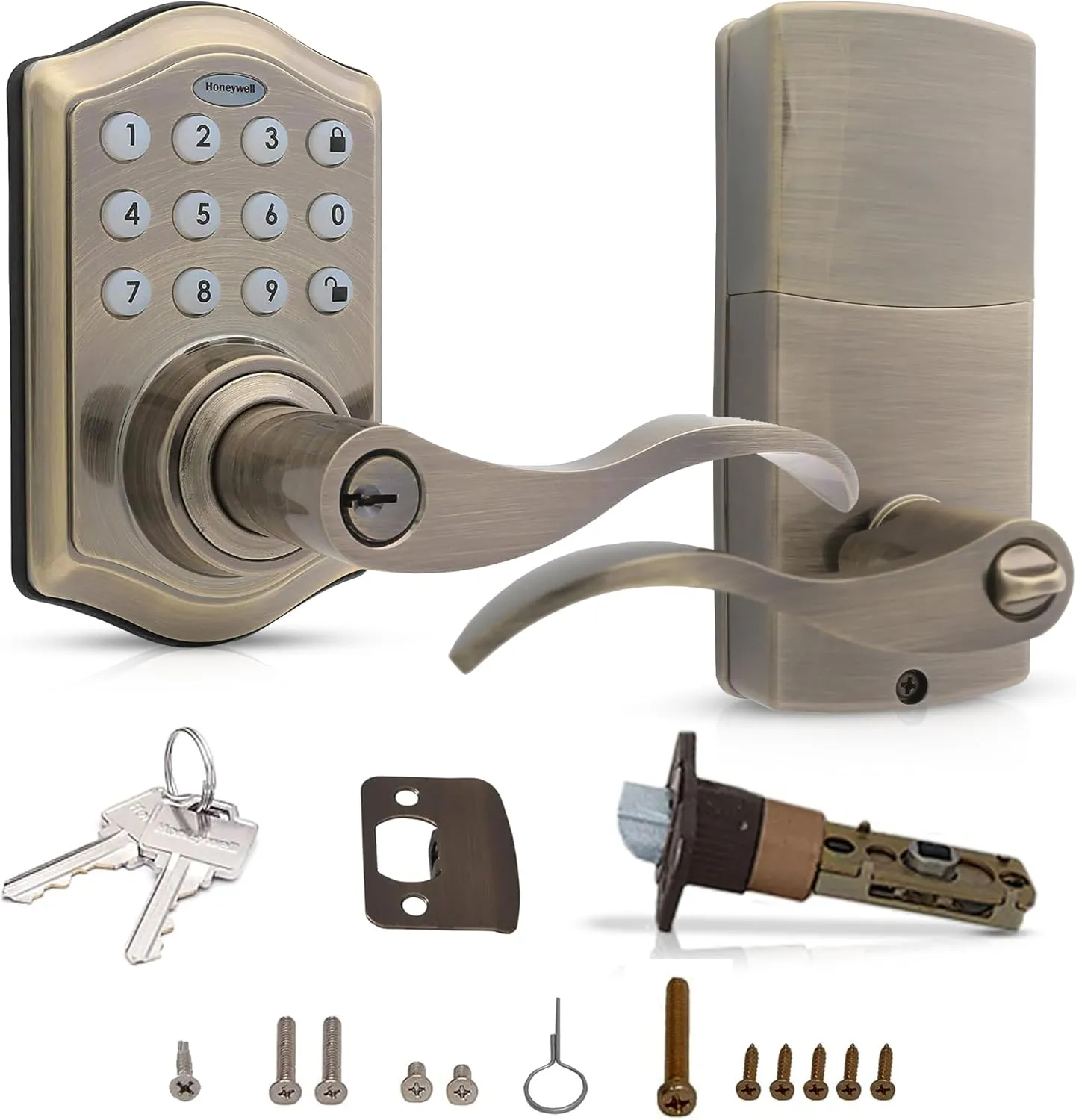 Honeywell Safes & Door Locks - Keyless Entry Lever Door Lock Handle with Electronic Keypad - Easy to Install Front Door Lock with Code - 50 User Pin Codes - Antique Brass - 6.5 x 8.8 x 9 in - 8734101
