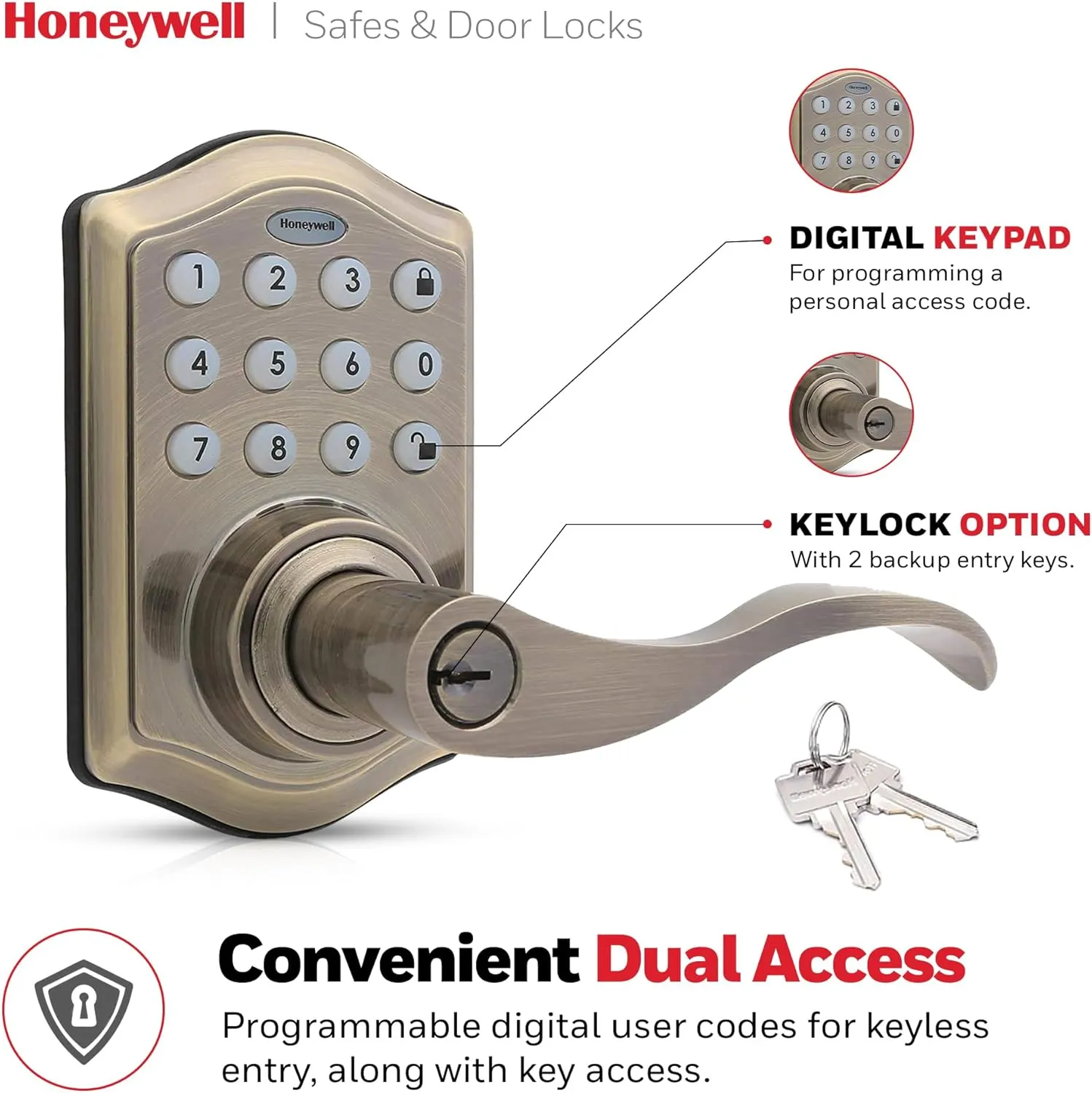 Honeywell Safes & Door Locks - Keyless Entry Lever Door Lock Handle with Electronic Keypad - Easy to Install Front Door Lock with Code - 50 User Pin Codes - Antique Brass - 6.5 x 8.8 x 9 in - 8734101