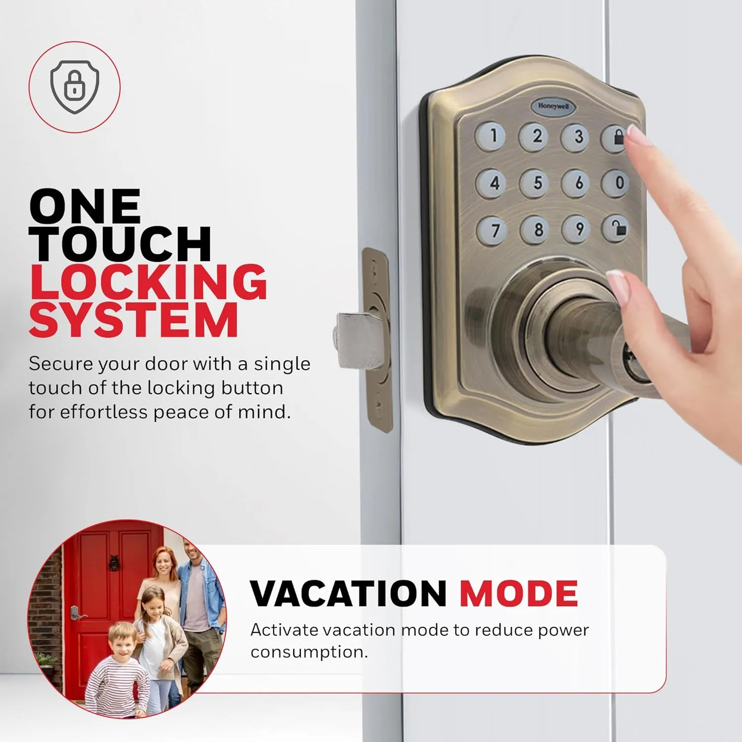 Honeywell Safes & Door Locks - Keyless Entry Lever Door Lock Handle with Electronic Keypad - Easy to Install Front Door Lock with Code - 50 User Pin Codes - Antique Brass - 6.5 x 8.8 x 9 in - 8734101