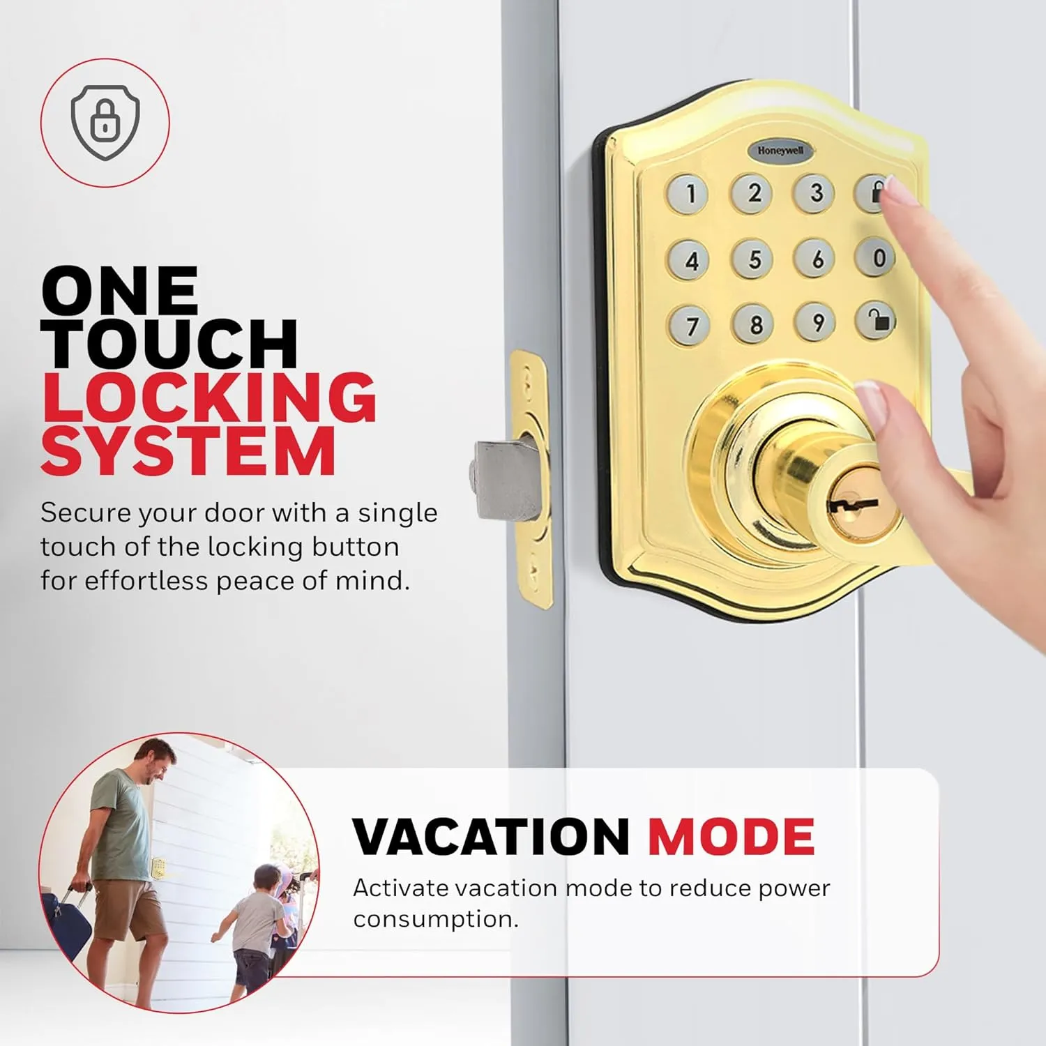 Honeywell Safes & Door Locks - Keyless Entry Lever Door Lock Handle with Electronic Keypad - Easy to Install Front Door Lock with Code - 50 User Pin Codes - Polished Brass, 6.5 x 8.8 x 9 in - 8734001