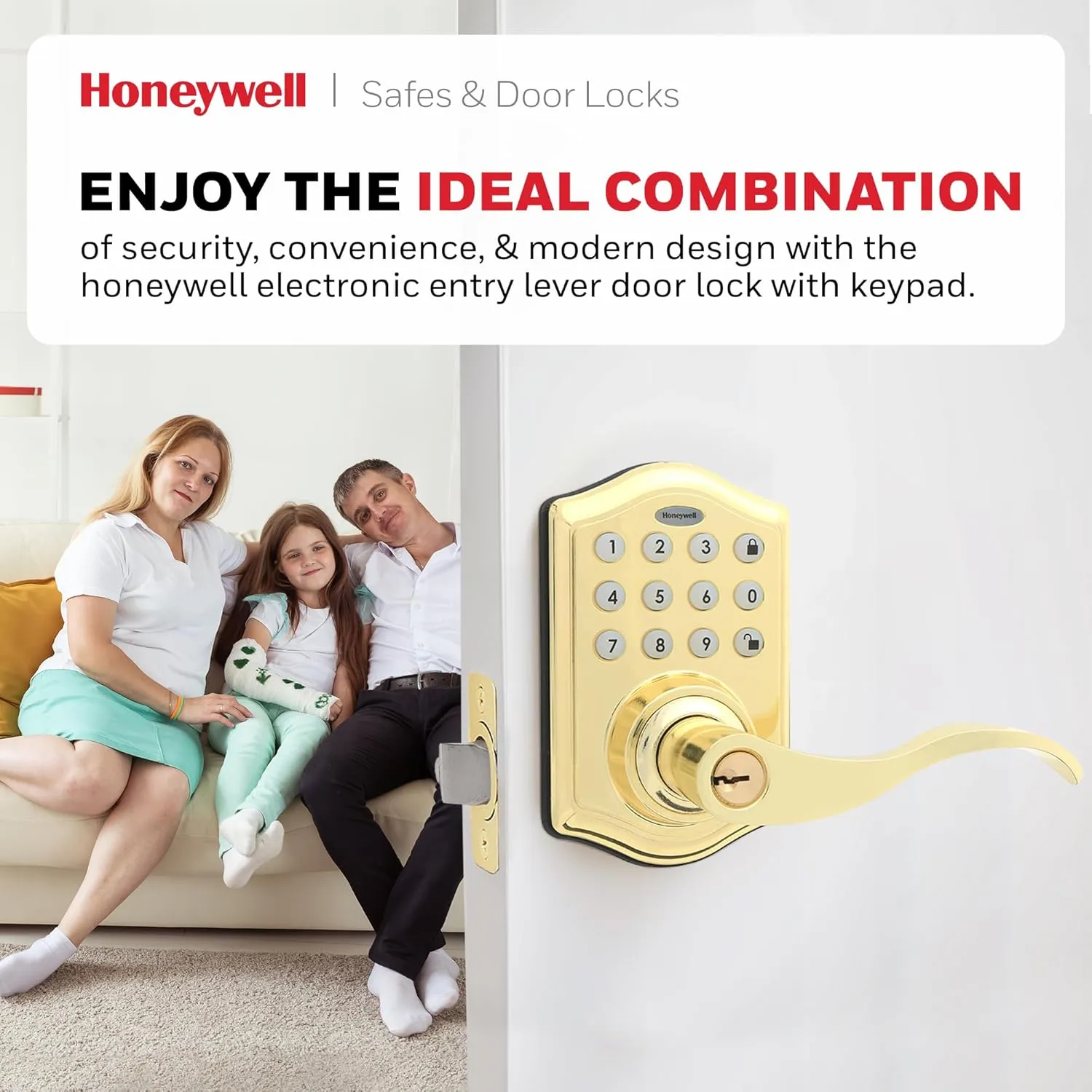 Honeywell Safes & Door Locks - Keyless Entry Lever Door Lock Handle with Electronic Keypad - Easy to Install Front Door Lock with Code - 50 User Pin Codes - Polished Brass, 6.5 x 8.8 x 9 in - 8734001