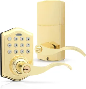 Honeywell Safes & Door Locks - Keyless Entry Lever Door Lock Handle with Electronic Keypad - Easy to Install Front Door Lock with Code - 50 User Pin Codes - Polished Brass, 6.5 x 8.8 x 9 in - 8734001