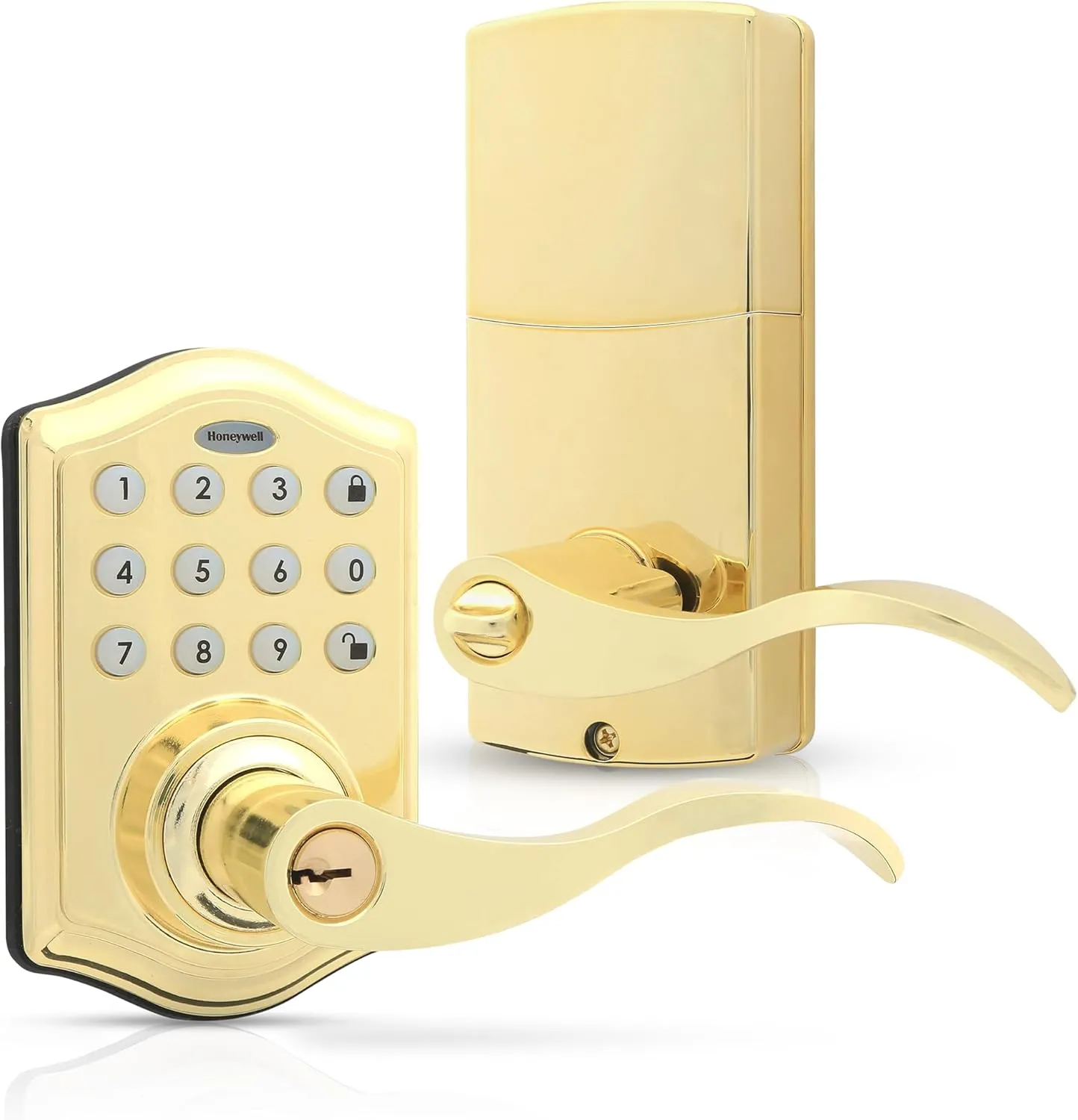 Honeywell Safes & Door Locks - Keyless Entry Lever Door Lock Handle with Electronic Keypad - Easy to Install Front Door Lock with Code - 50 User Pin Codes - Polished Brass, 6.5 x 8.8 x 9 in - 8734001