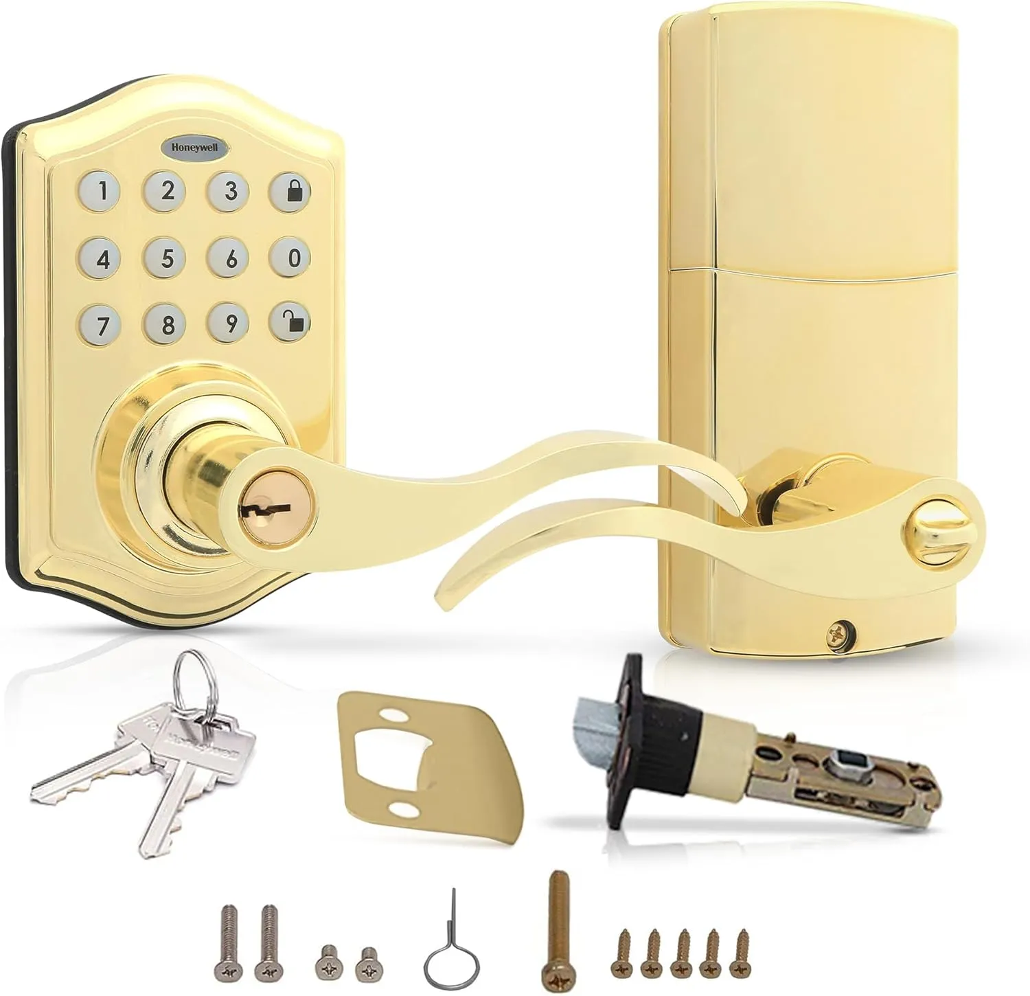 Honeywell Safes & Door Locks - Keyless Entry Lever Door Lock Handle with Electronic Keypad - Easy to Install Front Door Lock with Code - 50 User Pin Codes - Polished Brass, 6.5 x 8.8 x 9 in - 8734001