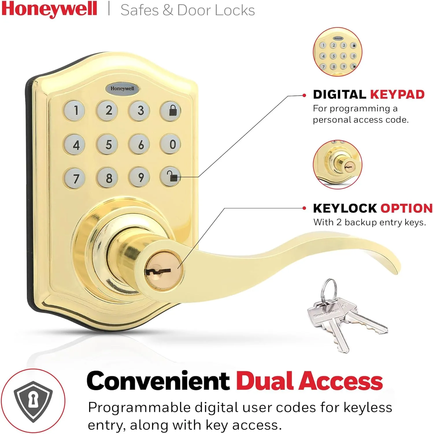 Honeywell Safes & Door Locks - Keyless Entry Lever Door Lock Handle with Electronic Keypad - Easy to Install Front Door Lock with Code - 50 User Pin Codes - Polished Brass, 6.5 x 8.8 x 9 in - 8734001