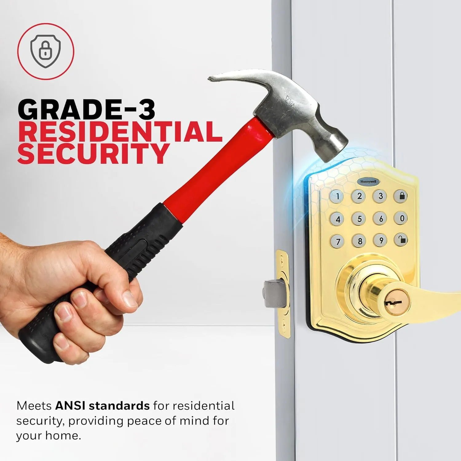 Honeywell Safes & Door Locks - Keyless Entry Lever Door Lock Handle with Electronic Keypad - Easy to Install Front Door Lock with Code - 50 User Pin Codes - Polished Brass, 6.5 x 8.8 x 9 in - 8734001