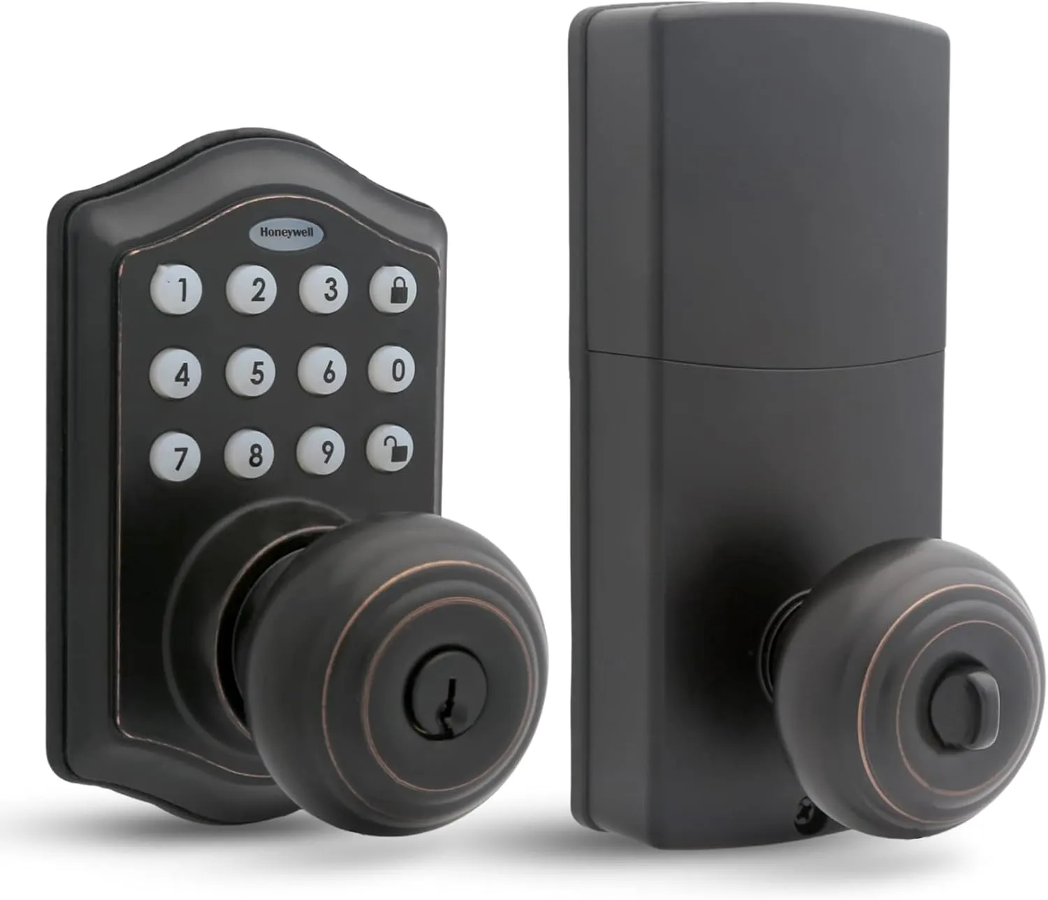 Honeywell Safes & Door Locks - Keyless Entry Smart Electronic Door Knob Lock with Digital Keypad - 50 Different User Pin Codes - Auto Lock & 1 Touch Locking - Oil Rubbed Bronze, 6.5x8.8x9 in - 8732401