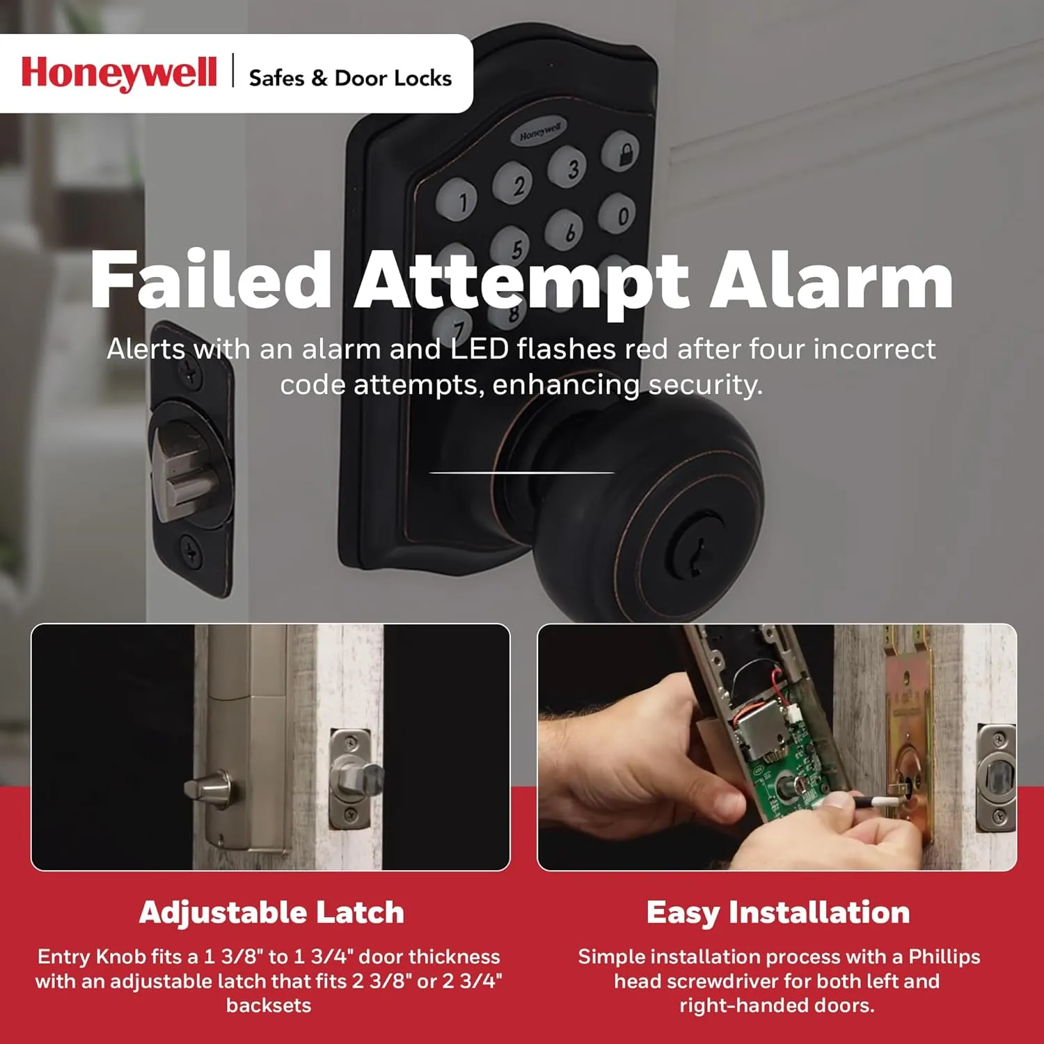 Honeywell Safes & Door Locks - Keyless Entry Smart Electronic Door Knob Lock with Digital Keypad - 50 Different User Pin Codes - Auto Lock & 1 Touch Locking - Oil Rubbed Bronze, 6.5x8.8x9 in - 8732401