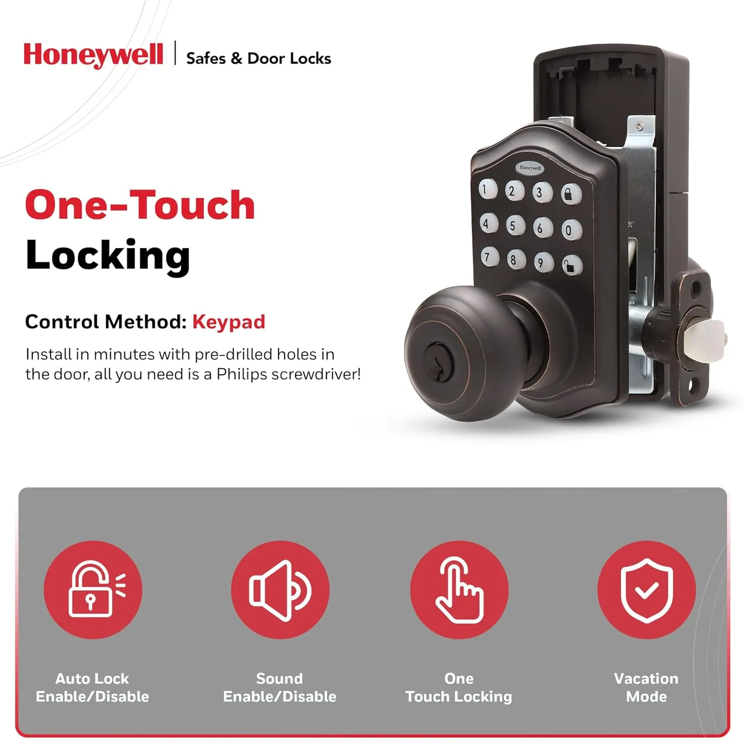 Honeywell Safes & Door Locks - Keyless Entry Smart Electronic Door Knob Lock with Digital Keypad - 50 Different User Pin Codes - Auto Lock & 1 Touch Locking - Oil Rubbed Bronze, 6.5x8.8x9 in - 8732401