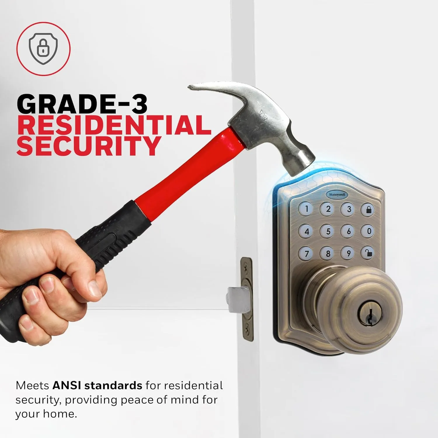 Honeywell Safes & Door Locks - Keyless Entry Smart Electronic Door Knob Lock with Digital Keypad - Auto Lock - 50 Different User Pin Codes - 1 Touch Locking - Antique Brass - 6.5x8.8x9 in - 8732101