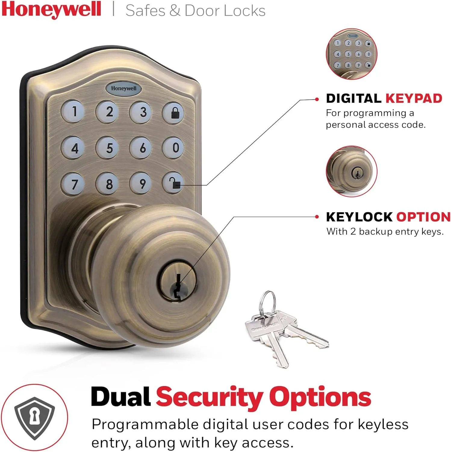 Honeywell Safes & Door Locks - Keyless Entry Smart Electronic Door Knob Lock with Digital Keypad - Auto Lock - 50 Different User Pin Codes - 1 Touch Locking - Antique Brass - 6.5x8.8x9 in - 8732101
