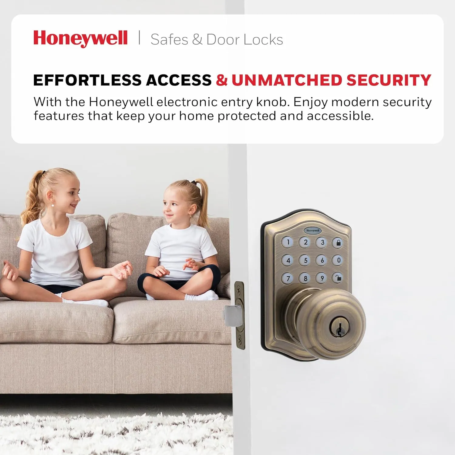 Honeywell Safes & Door Locks - Keyless Entry Smart Electronic Door Knob Lock with Digital Keypad - Auto Lock - 50 Different User Pin Codes - 1 Touch Locking - Antique Brass - 6.5x8.8x9 in - 8732101