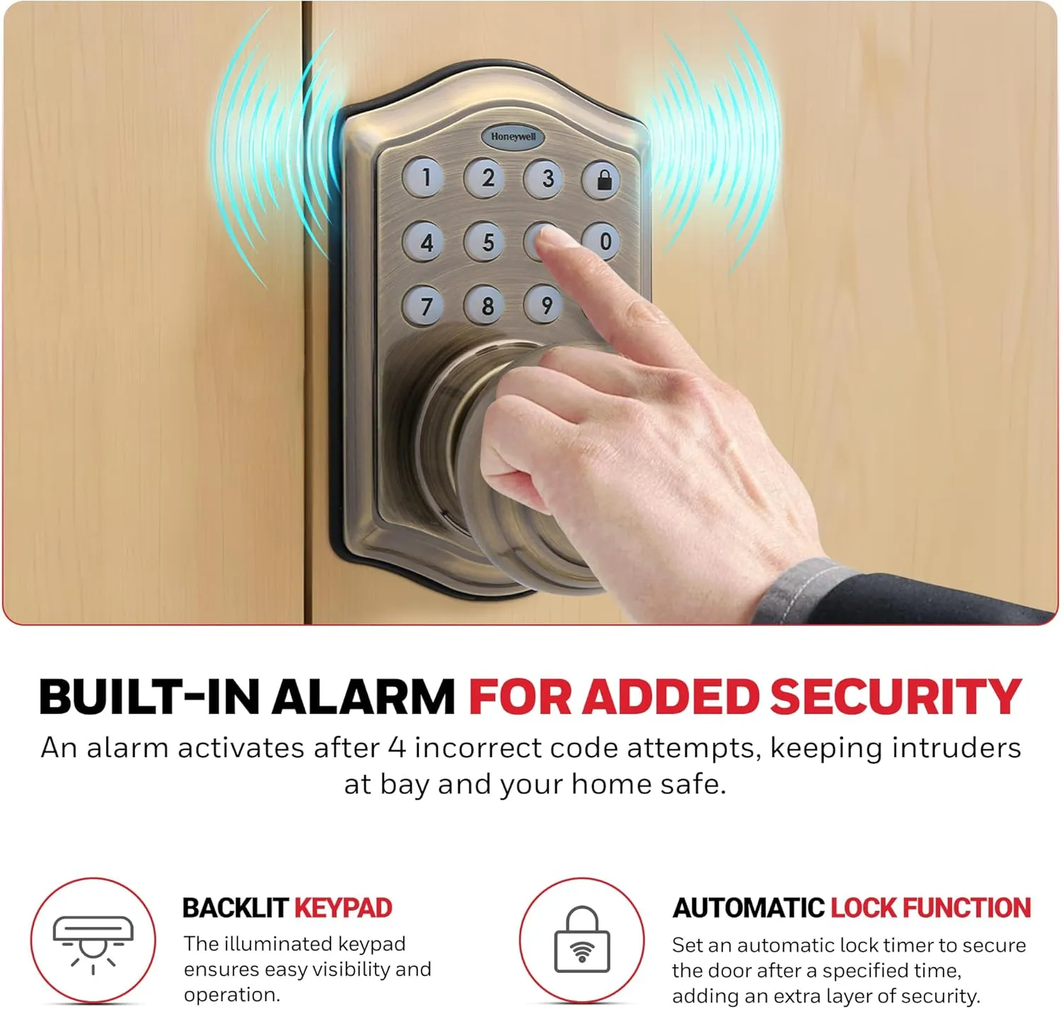 Honeywell Safes & Door Locks - Keyless Entry Smart Electronic Door Knob Lock with Digital Keypad - Auto Lock - 50 Different User Pin Codes - 1 Touch Locking - Antique Brass - 6.5x8.8x9 in - 8732101