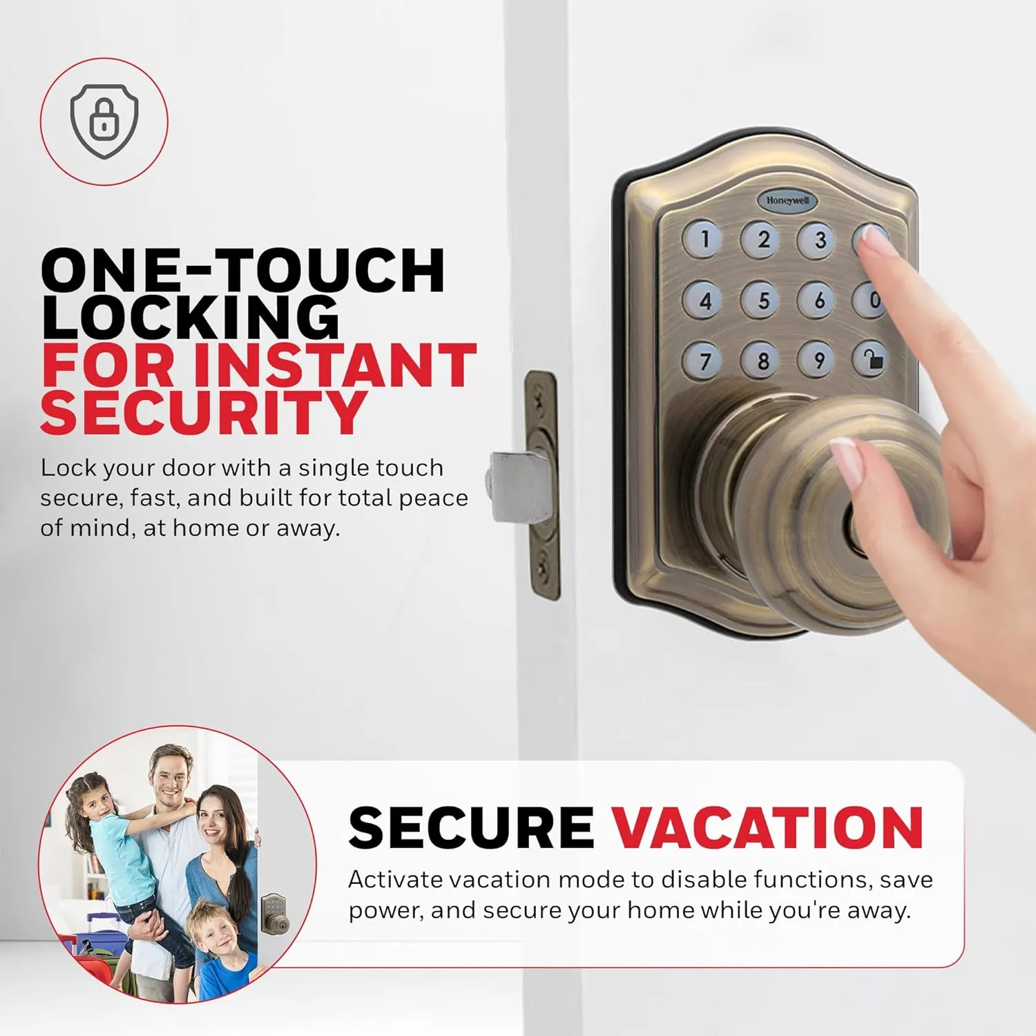 Honeywell Safes & Door Locks - Keyless Entry Smart Electronic Door Knob Lock with Digital Keypad - Auto Lock - 50 Different User Pin Codes - 1 Touch Locking - Antique Brass - 6.5x8.8x9 in - 8732101