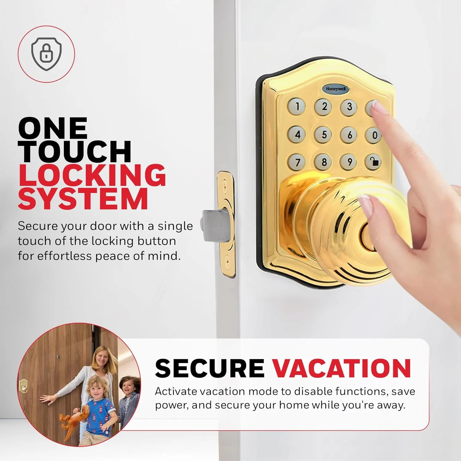 Honeywell Safes & Door Locks - Keyless Entry Smart Electronic Door Knob Lock with Digital Keypad - Auto Lock - 50 Different User Pin Codes - 1 Touch Locking - Polished Brass - 6.5x8.8x9 in - 8732001