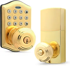 Honeywell Safes & Door Locks - Keyless Entry Smart Electronic Door Knob Lock with Digital Keypad - Auto Lock - 50 Different User Pin Codes - 1 Touch Locking - Polished Brass - 6.5x8.8x9 in - 8732001