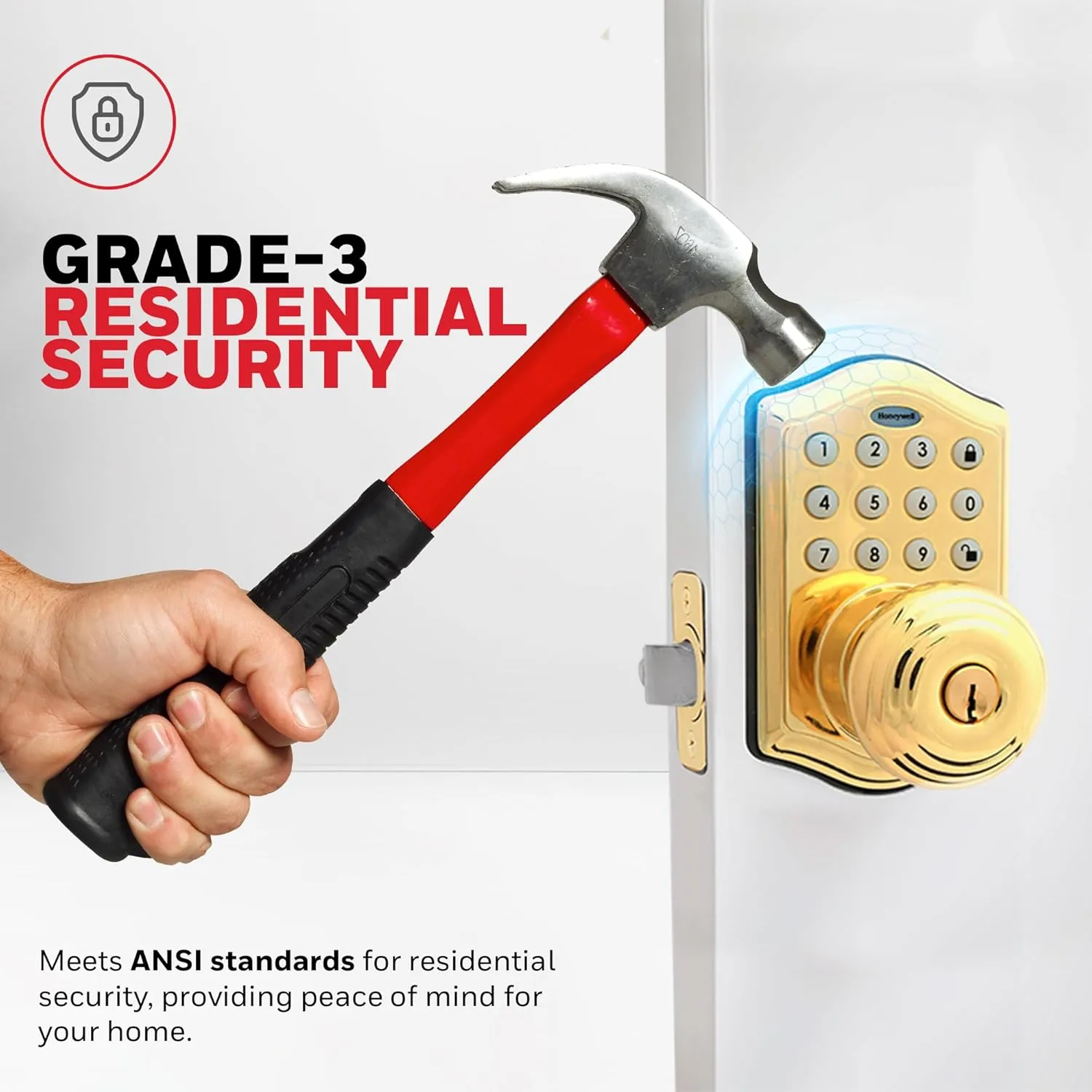 Honeywell Safes & Door Locks - Keyless Entry Smart Electronic Door Knob Lock with Digital Keypad - Auto Lock - 50 Different User Pin Codes - 1 Touch Locking - Polished Brass - 6.5x8.8x9 in - 8732001