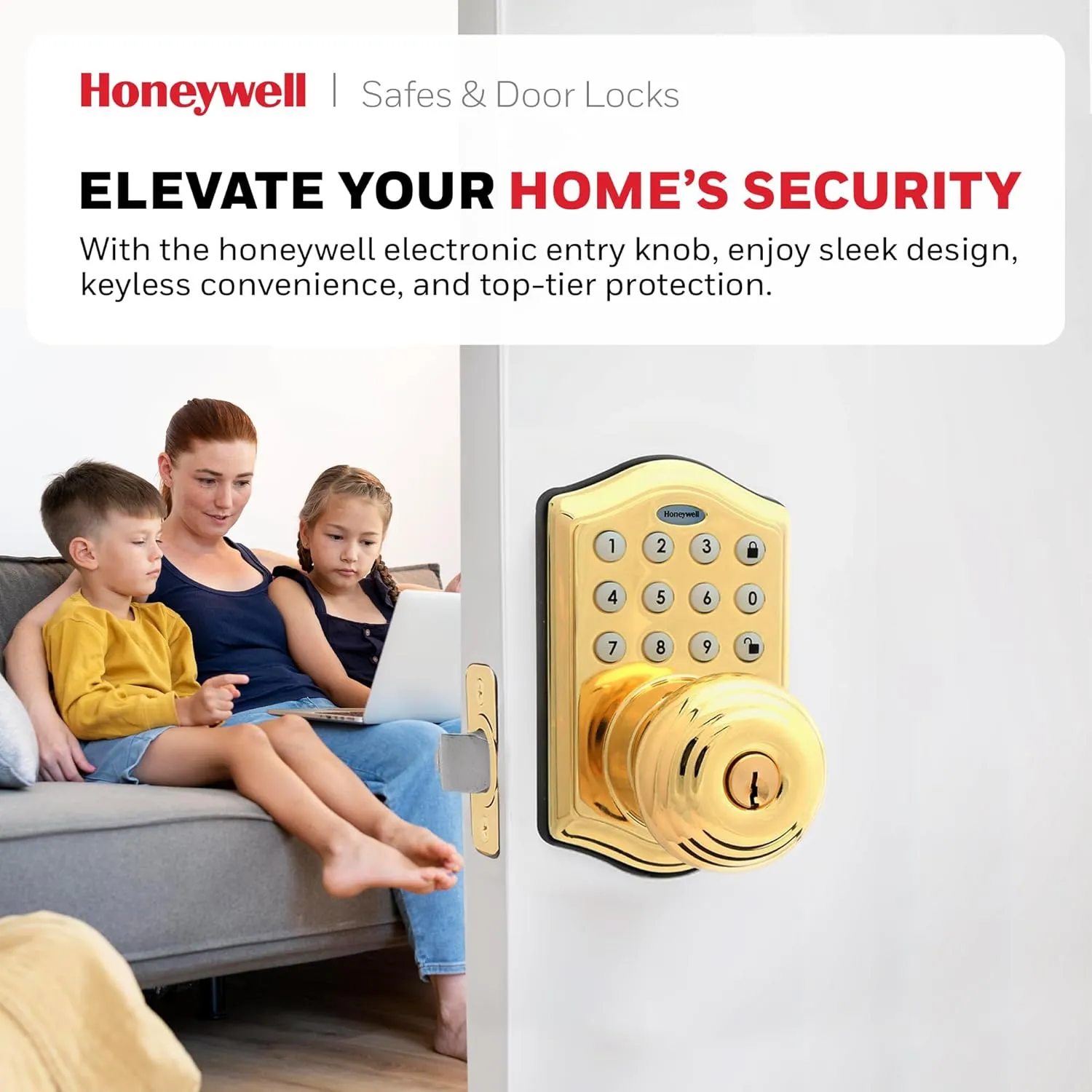 Honeywell Safes & Door Locks - Keyless Entry Smart Electronic Door Knob Lock with Digital Keypad - Auto Lock - 50 Different User Pin Codes - 1 Touch Locking - Polished Brass - 6.5x8.8x9 in - 8732001