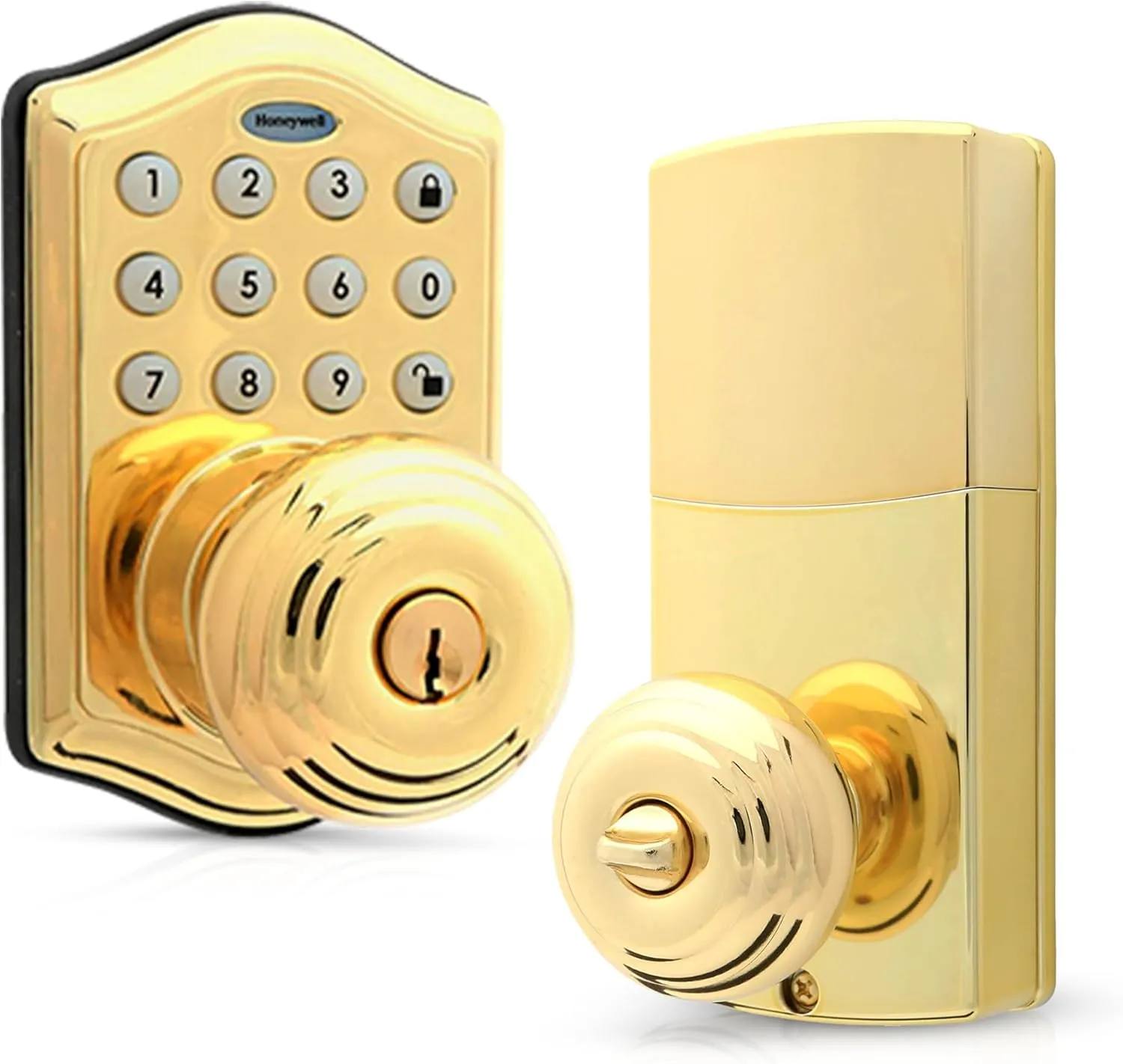 Honeywell Safes & Door Locks - Keyless Entry Smart Electronic Door Knob Lock with Digital Keypad - Auto Lock - 50 Different User Pin Codes - 1 Touch Locking - Polished Brass - 6.5x8.8x9 in - 8732001