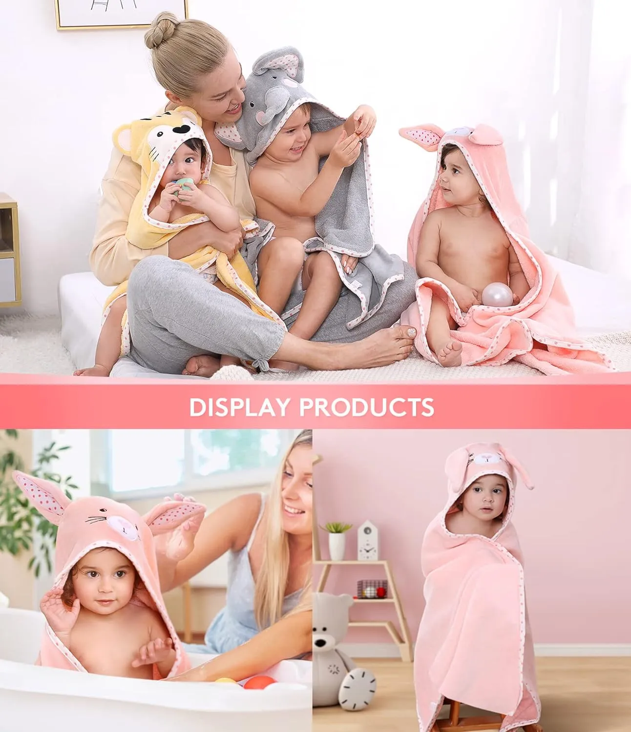 Hooded Towel for Kids 100% Cotton Ultra Soft with Unique Animal Design Large for Infants 3-10 Years (Bunny)