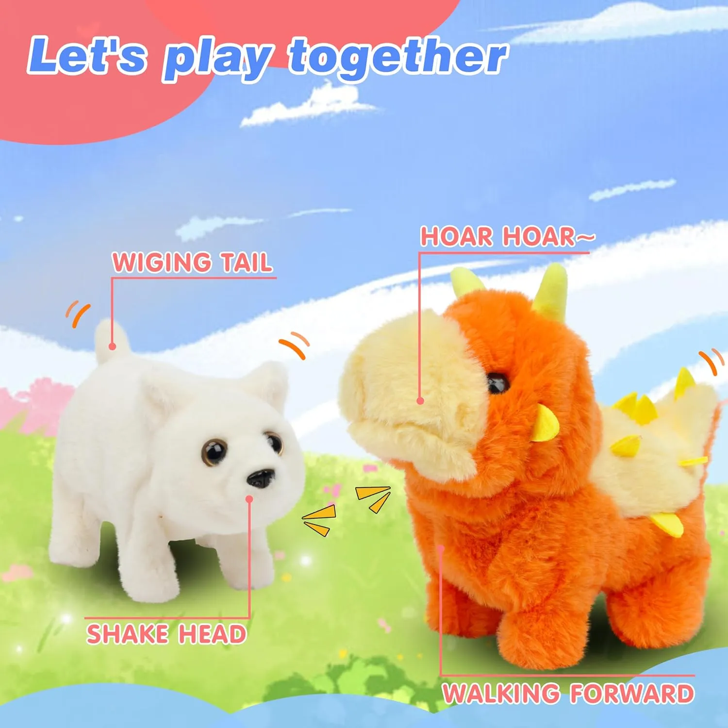 Hopearl Walking Dinosaur Interactive Electronic Pet Plush Toy Stegosaurus Roaring and Moving Animated Nodding Head Gifts for Toddlers Birthday, Orange, 8''