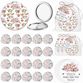 Hushee 20 Sets Bridal Shower Tea Party Favors for Guests Floral Compact Mirror Bulk PU Folding Pocket Mirror with Beautiful Tag Bag Thank You Gifts for Bridal Shower Wedding Bridesmaid