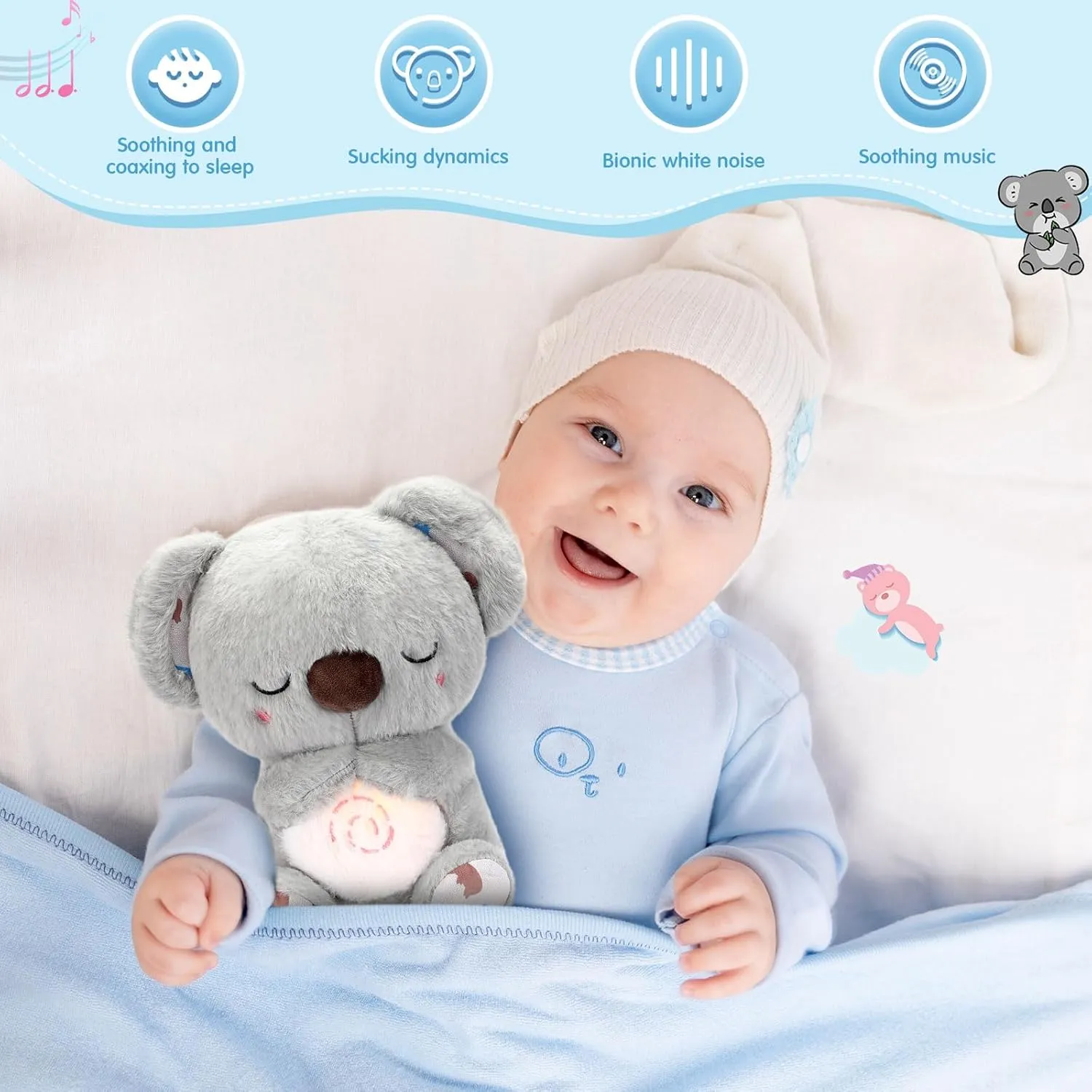 HyDren Breathing Stuffed Animal 9 inch Calming Soothers for Sleep Heartbeat Plush for Anxiety with Music Lights and Rhythmic Breathing Motion Anxiety Relief Portable Plush Sound Machine(Koala Bear)