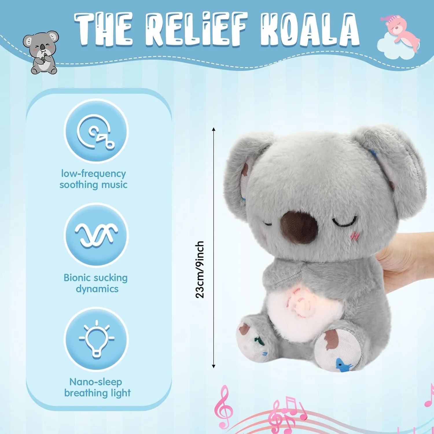 HyDren Breathing Stuffed Animal 9 inch Calming Soothers for Sleep Heartbeat Plush for Anxiety with Music Lights and Rhythmic Breathing Motion Anxiety Relief Portable Plush Sound Machine(Koala Bear)