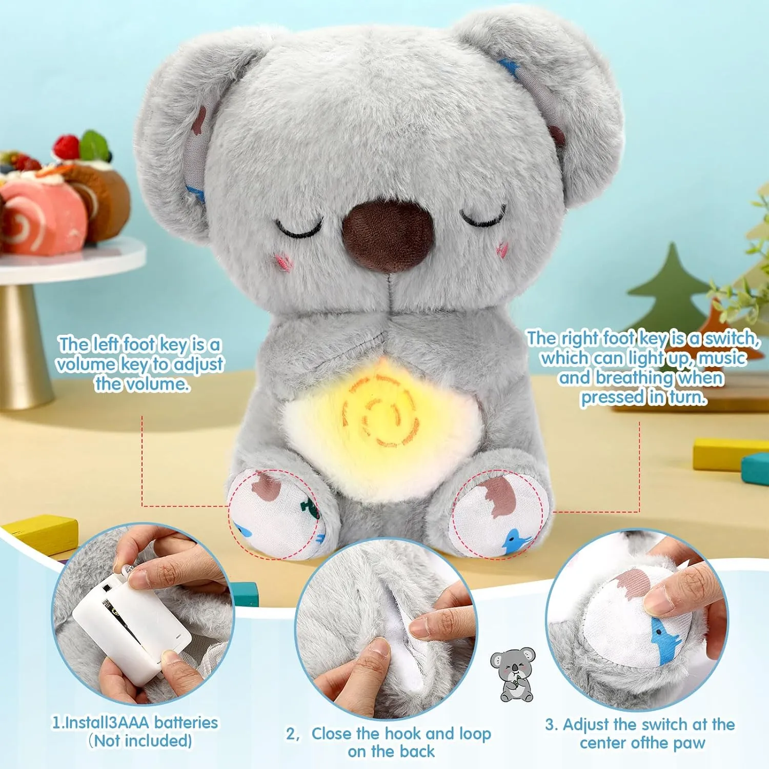 HyDren Breathing Stuffed Animal 9 inch Calming Soothers for Sleep Heartbeat Plush for Anxiety with Music Lights and Rhythmic Breathing Motion Anxiety Relief Portable Plush Sound Machine(Koala Bear)