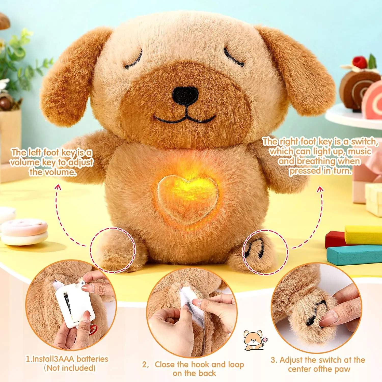 HyDren Breathing Stuffed Animal 9 inch Calming Soothers for Sleep Heartbeat Plush for Anxiety with Music Lights and Rhythmic Breathing Motion Anxiety Relief Portable Plush Sound Machine(Puppy)