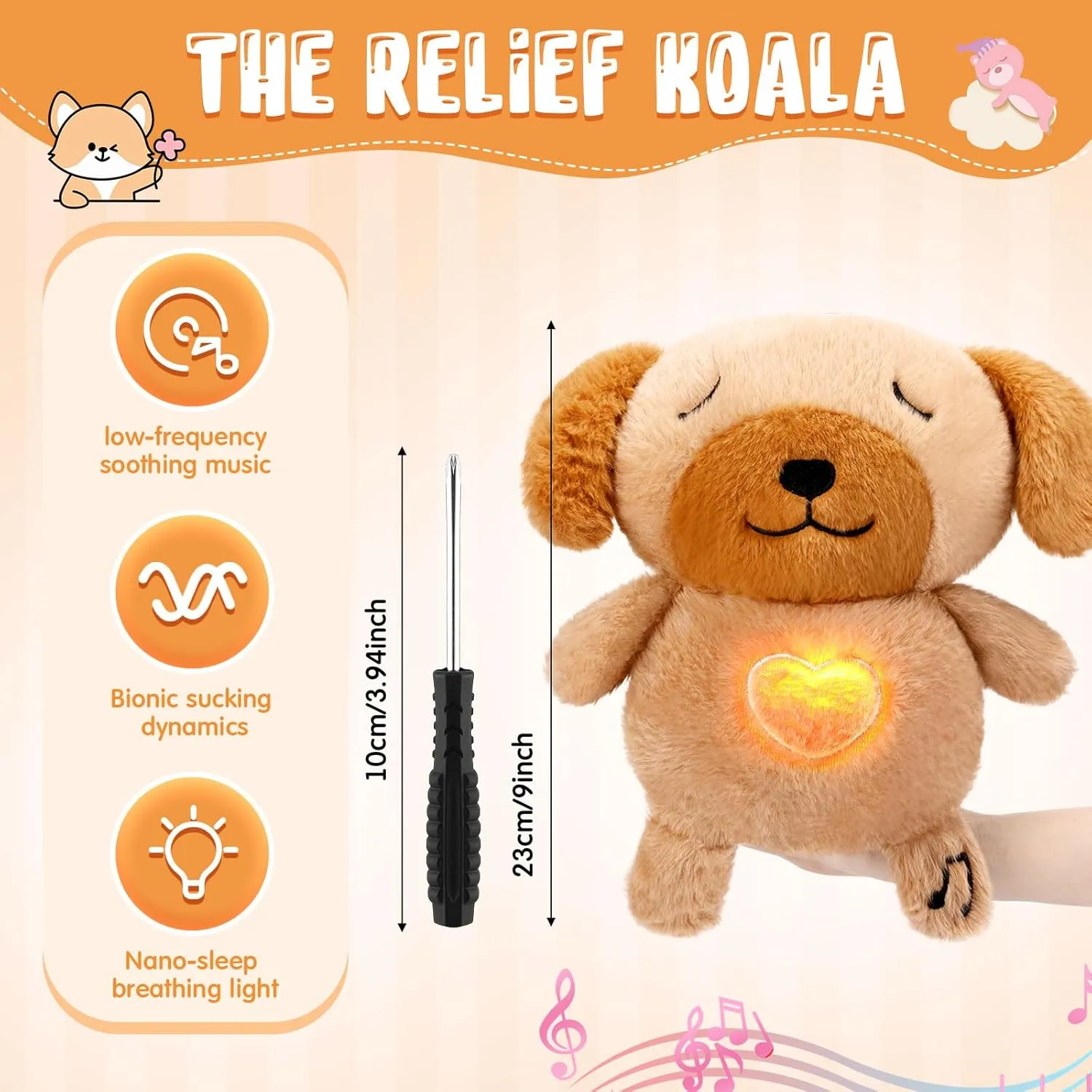 HyDren Breathing Stuffed Animal 9 inch Calming Soothers for Sleep Heartbeat Plush for Anxiety with Music Lights and Rhythmic Breathing Motion Anxiety Relief Portable Plush Sound Machine(Puppy)