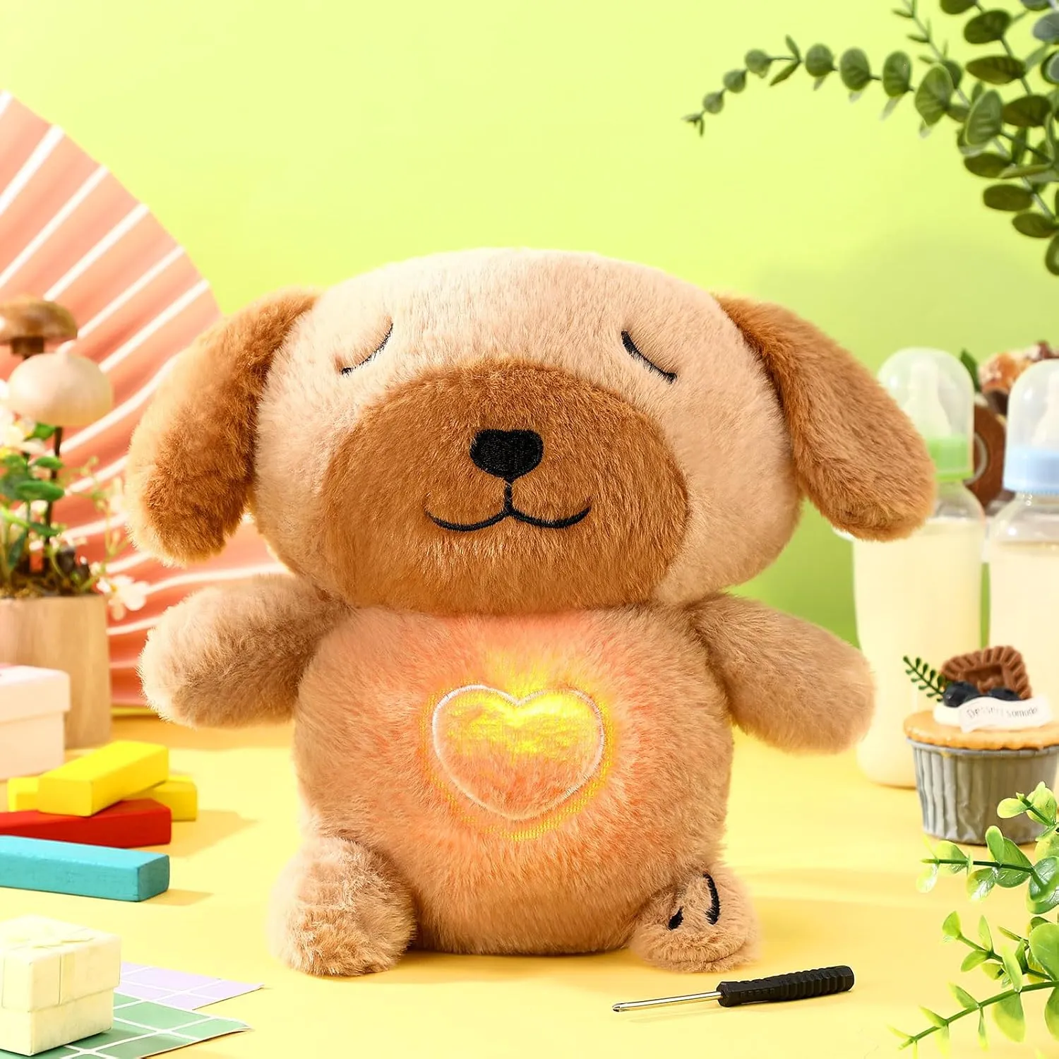 HyDren Breathing Stuffed Animal 9 inch Calming Soothers for Sleep Heartbeat Plush for Anxiety with Music Lights and Rhythmic Breathing Motion Anxiety Relief Portable Plush Sound Machine(Puppy)