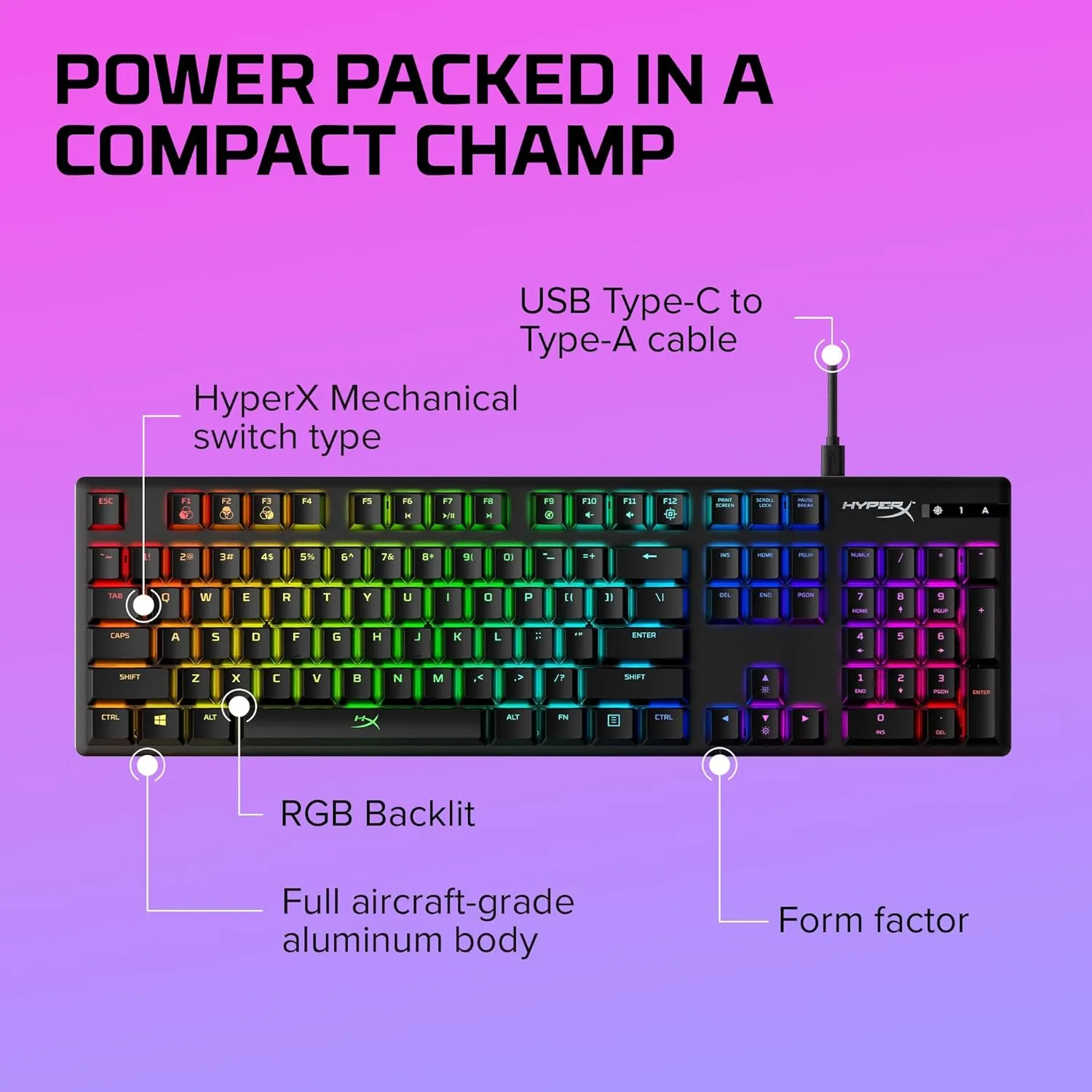 HyperX Alloy Origins - Mechanical Gaming Keyboard, Software-Controlled Light & Macro Customization, Compact Form Factor, RGB LED Backlit - Tactile HyperX Aqua Switch,Black