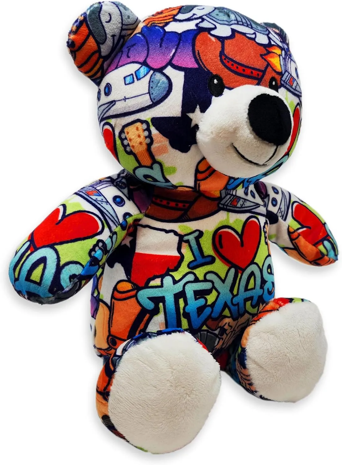 I Love Texas Graffiti Teddy Bear Eco Friendly Stuffed Animal; Cuddly Soft Velboa Plush Animal for Kids 3 Years Old to Adults; Child-Safe Embroidered Face Details (10" Tall When Seated)