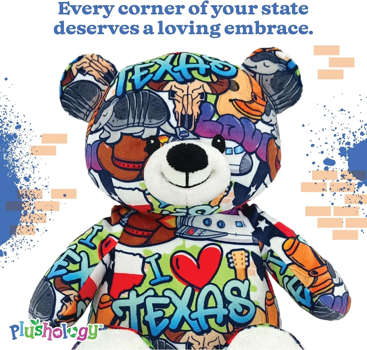 I Love Texas Graffiti Teddy Bear Eco Friendly Stuffed Animal; Cuddly Soft Velboa Plush Animal for Kids 3 Years Old to Adults; Child-Safe Embroidered Face Details (10" Tall When Seated)