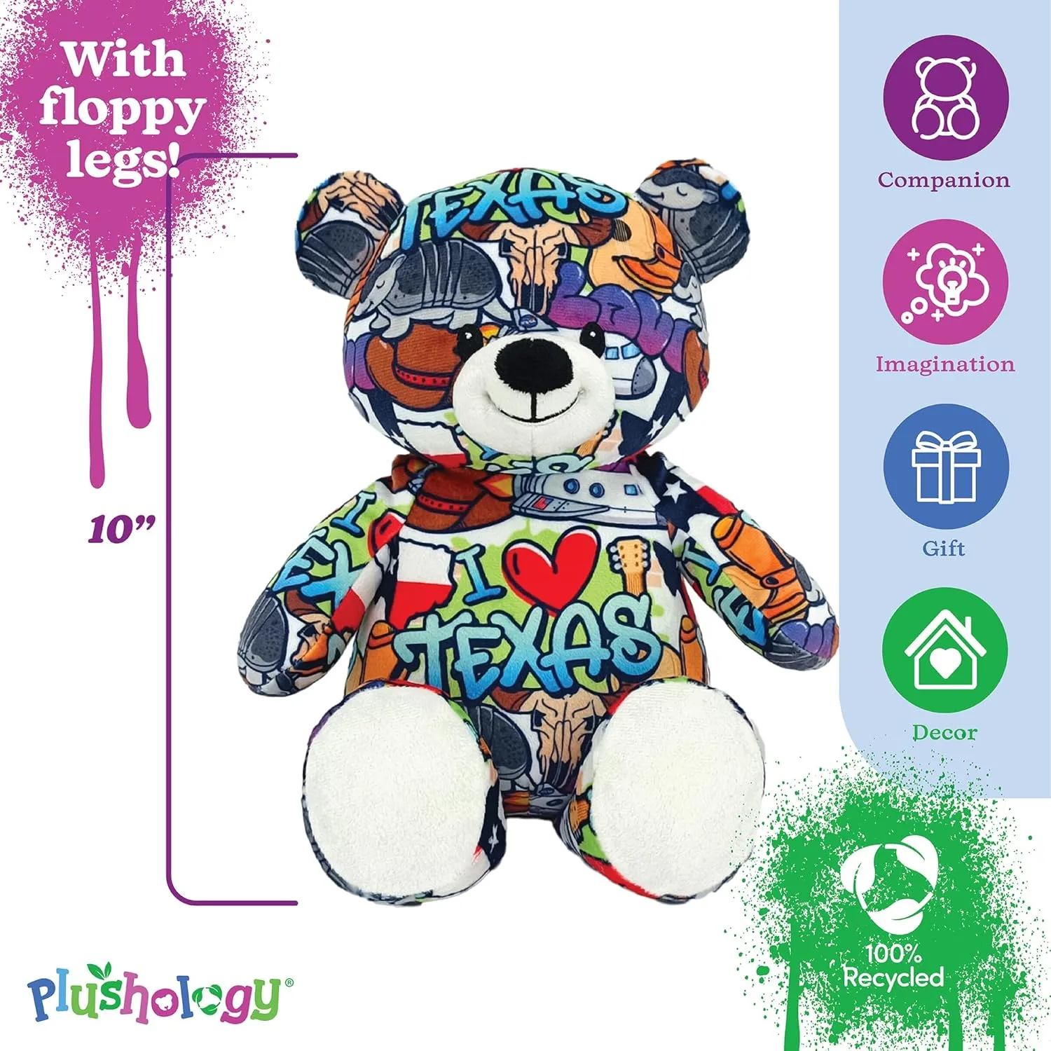 I Love Texas Graffiti Teddy Bear Eco Friendly Stuffed Animal; Cuddly Soft Velboa Plush Animal for Kids 3 Years Old to Adults; Child-Safe Embroidered Face Details (10" Tall When Seated)