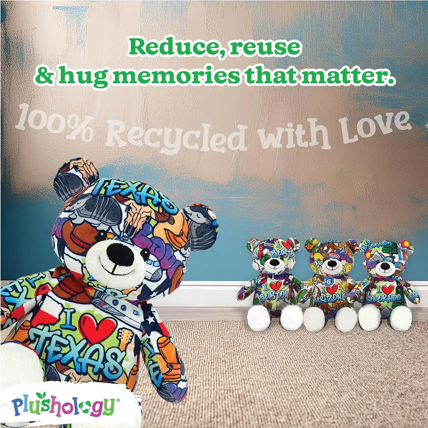 I Love Texas Graffiti Teddy Bear Eco Friendly Stuffed Animal; Cuddly Soft Velboa Plush Animal for Kids 3 Years Old to Adults; Child-Safe Embroidered Face Details (10" Tall When Seated)