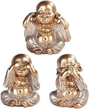 ICE ARMOR 3-Piece Gold Maitreya Buddha Hear-No, See-No, Speak-No Evil 3.5" H Statue Decoration Figurine Set Office Desk/Home/Living Room/Table Decor, Perfect House Warming Gifts for New Home